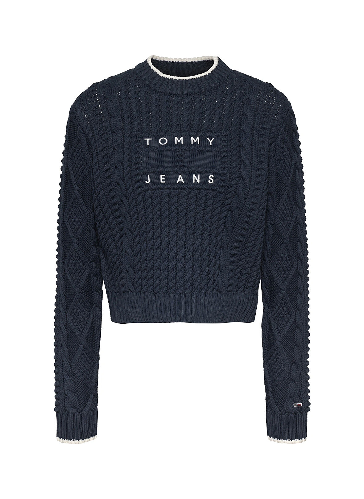 Tommy Jeans Yuvarlak Yaka Standart Nakışlı Lacivert Kazak Kadın TJW BUBBLE CABLE FLAG CREW