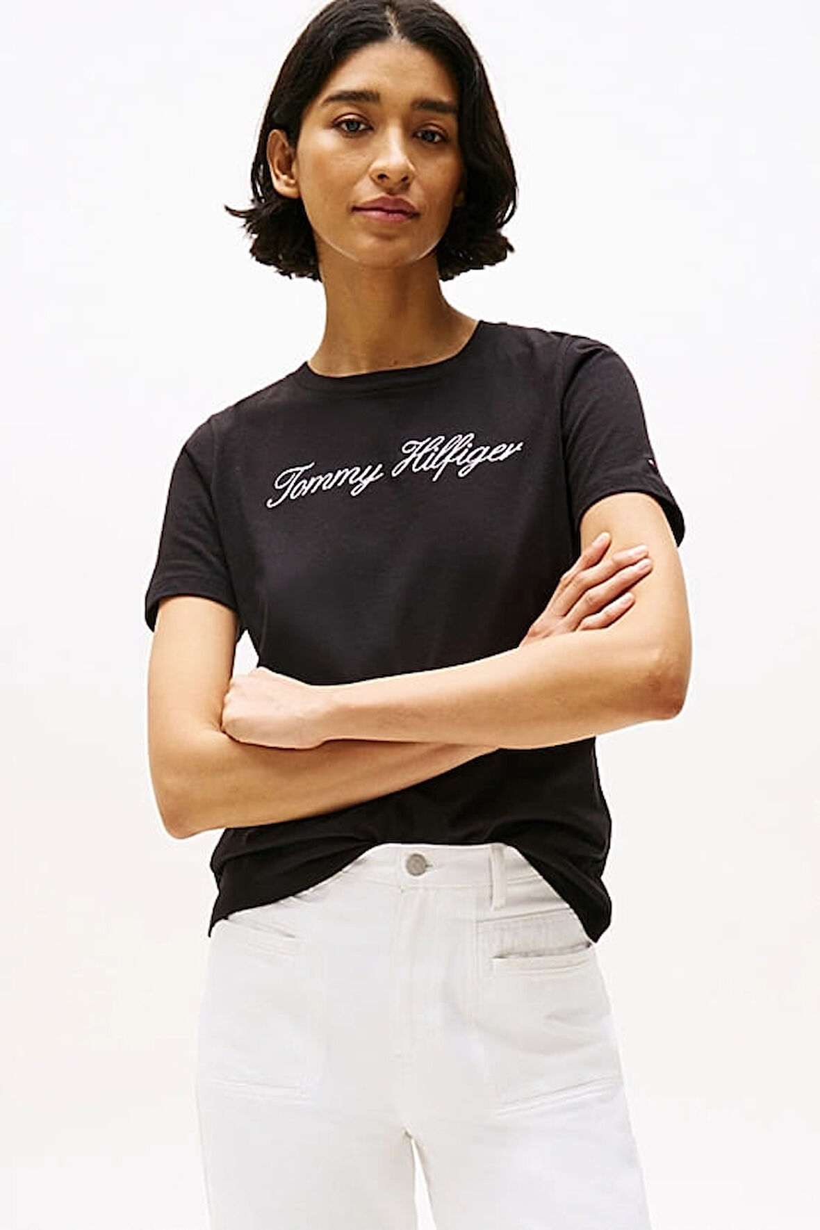 Kadın Th Script Logo Regular T-Shirt - Siyah | XS