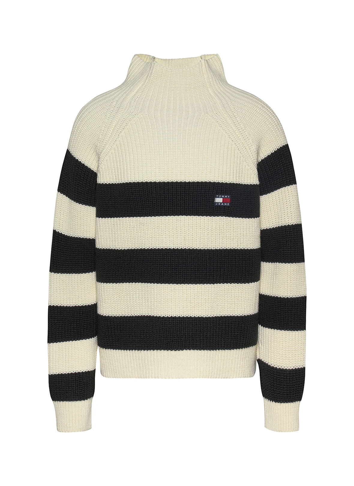 Tommy Jeans Dik Yaka Standart Çizgili Bej - Siyah Kazak Kadın TJW STRIPE MOCKNCK BADGE SWEATER