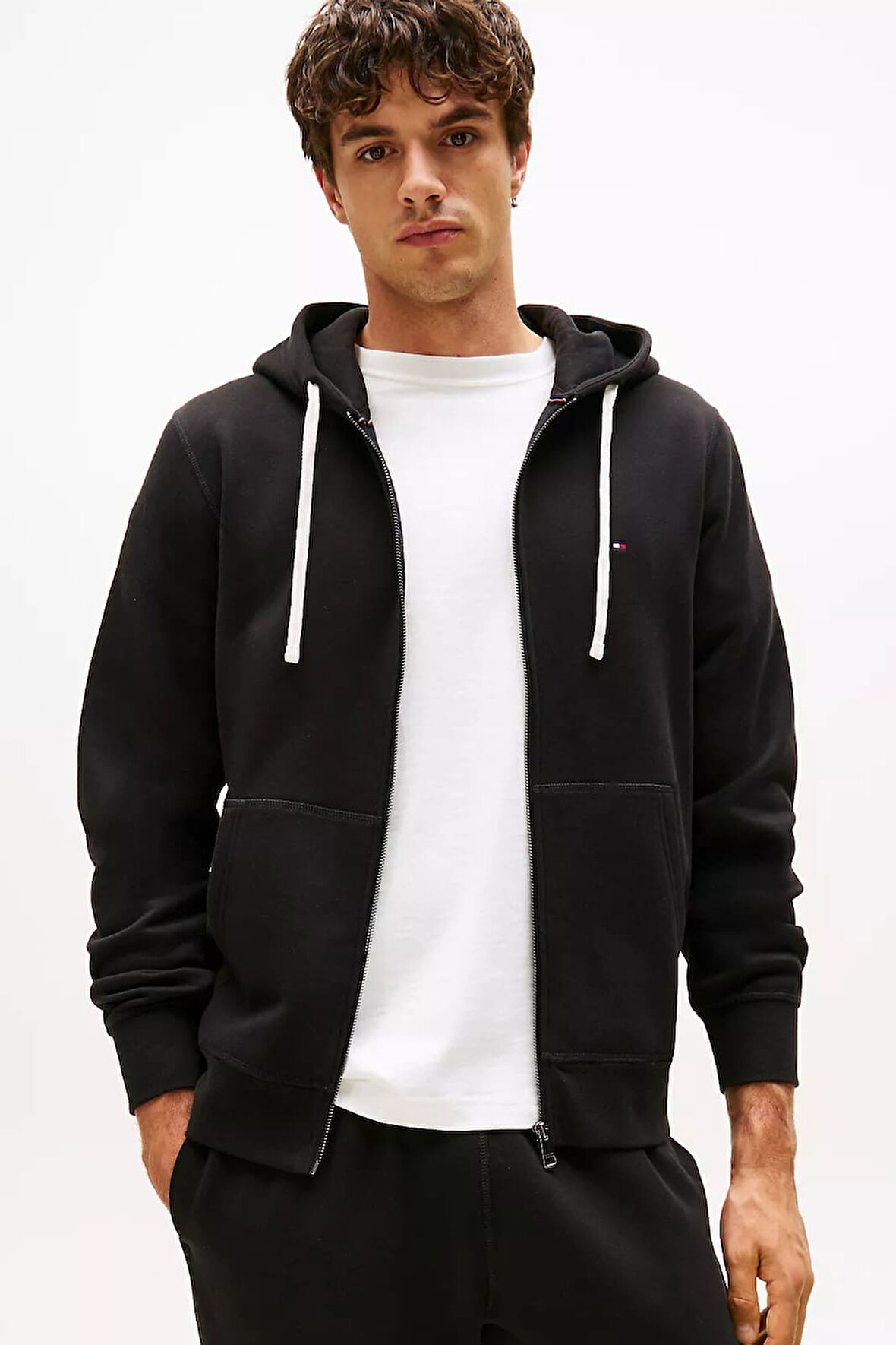 Erkek Regular Fit Kapüşonlu Kanguru Cepli Fermuarlı Sweatshirt - Siyah | XS