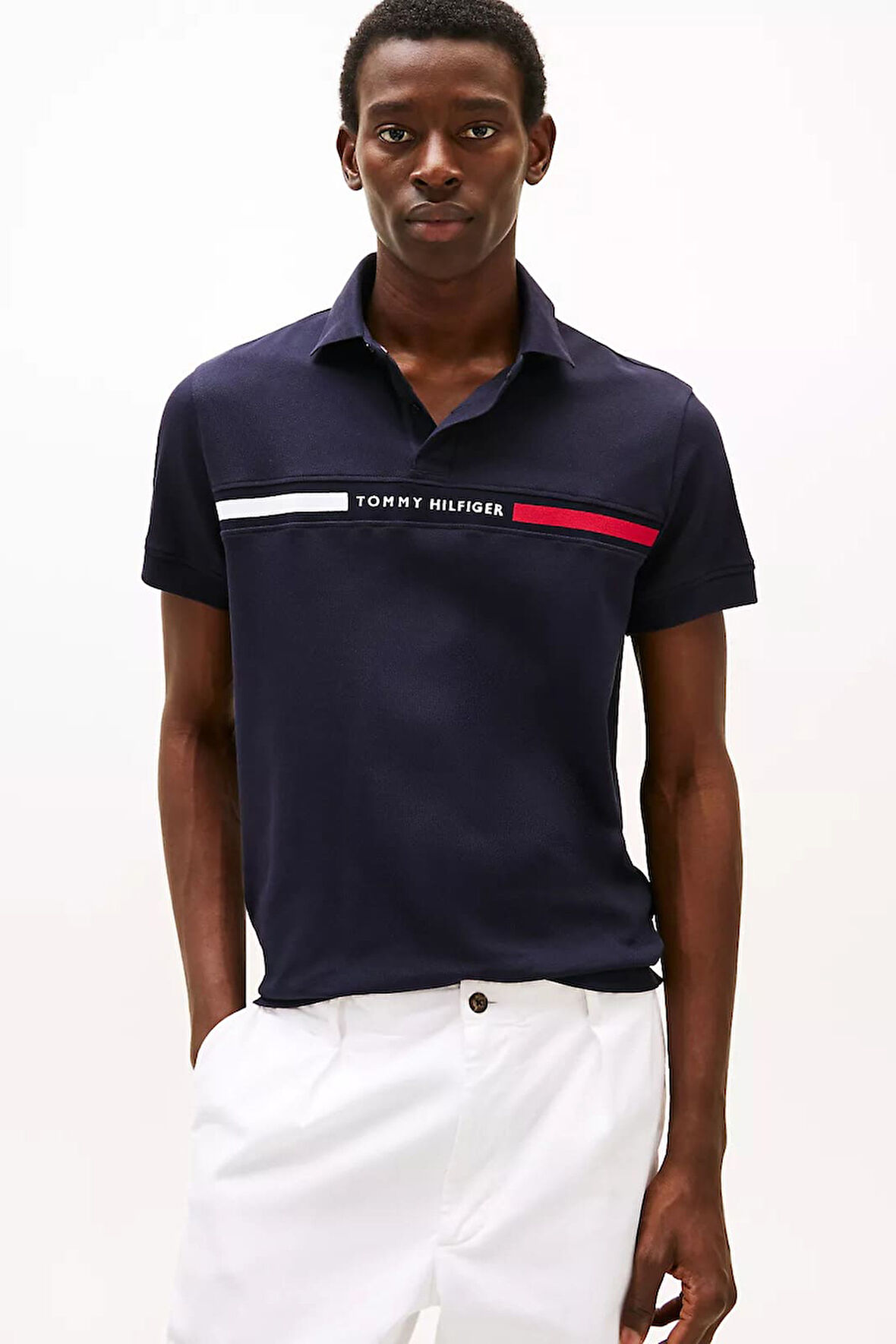 Erkek Regular Fit Göğsü Şeritli ve Yazı Nakışlı Polo Yaka T-Shirt - Lacivert | XS