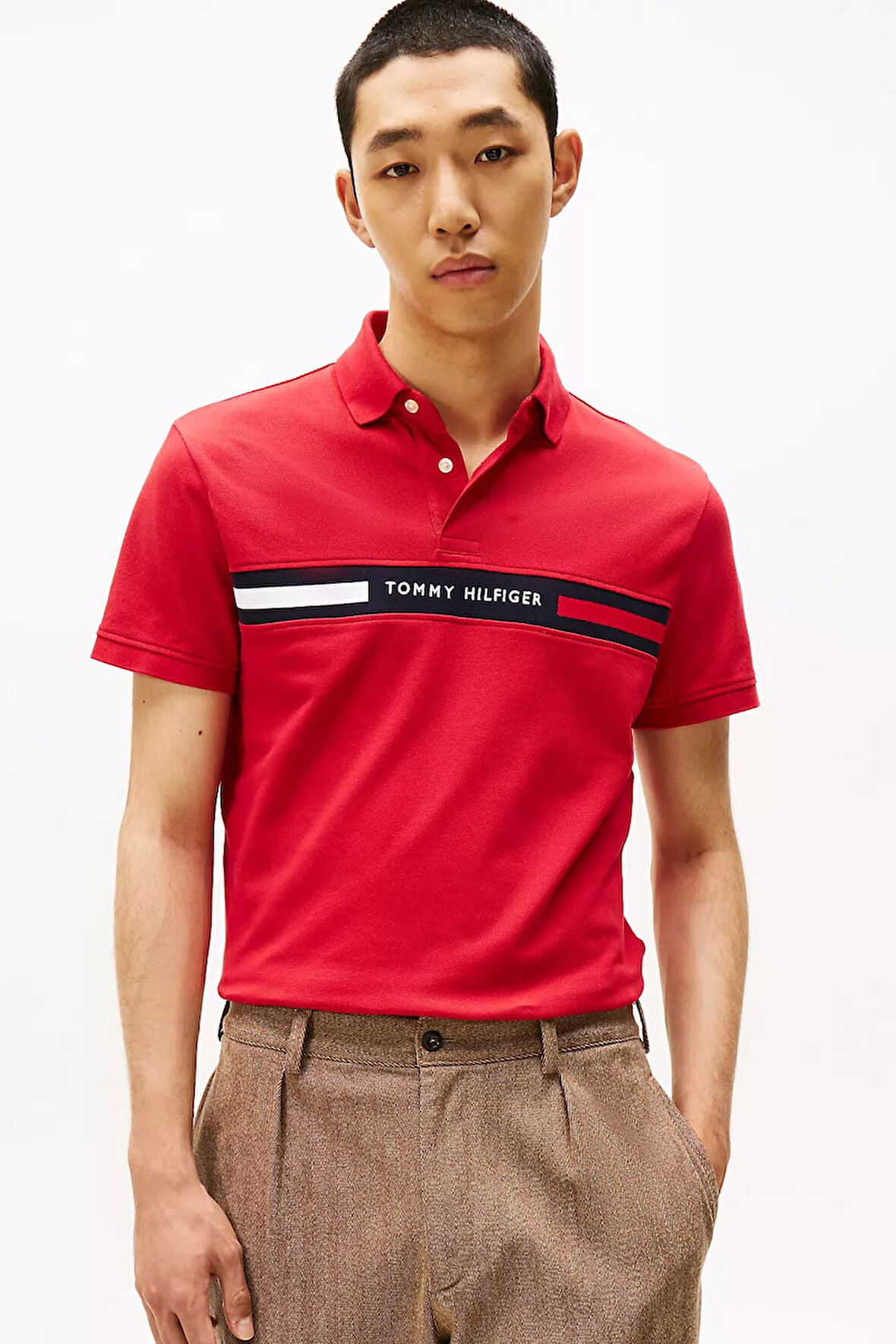 Erkek Regular Fit Göğsü Şeritli ve Yazı Nakışlı Polo Yaka T-Shirt - Kırmızı | XS