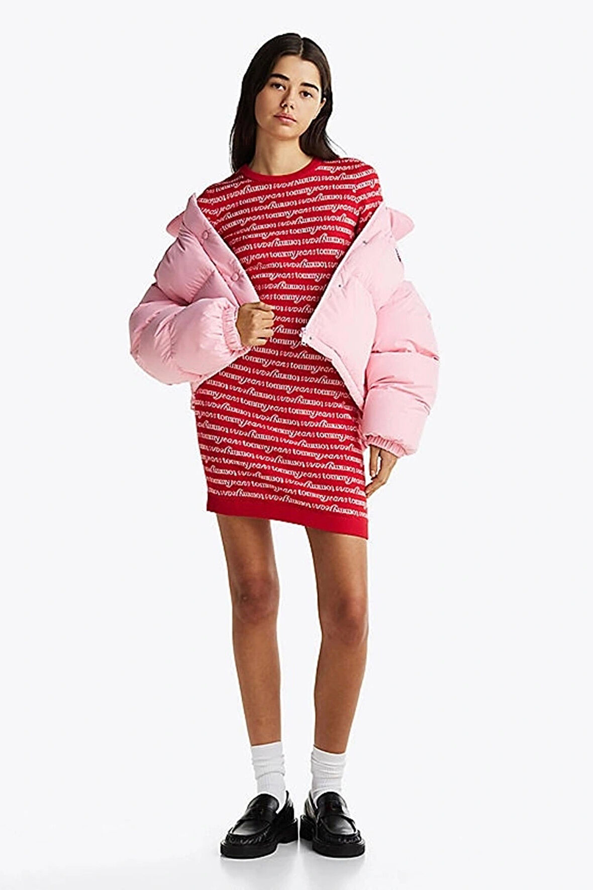 Tommy Hilfiger Kadın Kırmızı Baskılı Mini Kazak Elbise