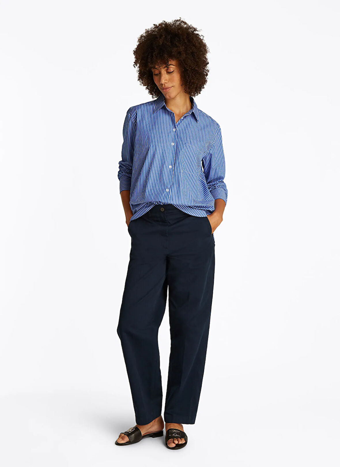 Tommy Hilfiger Normal Gömlek Yaka Mavi Kadın Gömlek WW0WW456120X6