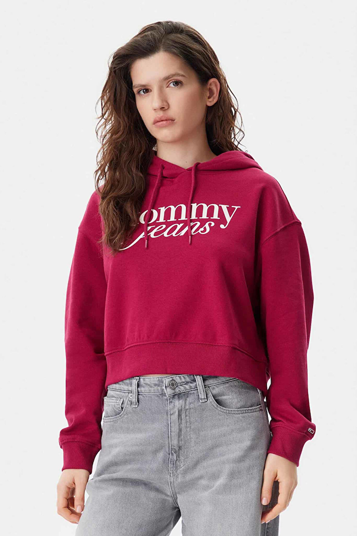 Kadın Tjw Script Logo Kapüşonlu Sweatshirt - Bordo | XL