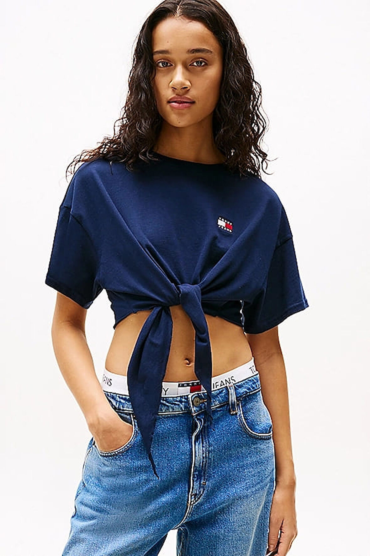 Kadın Tjw Rozetli Kırpılmış Düğümlü T-Shirt - Lacivert | XS