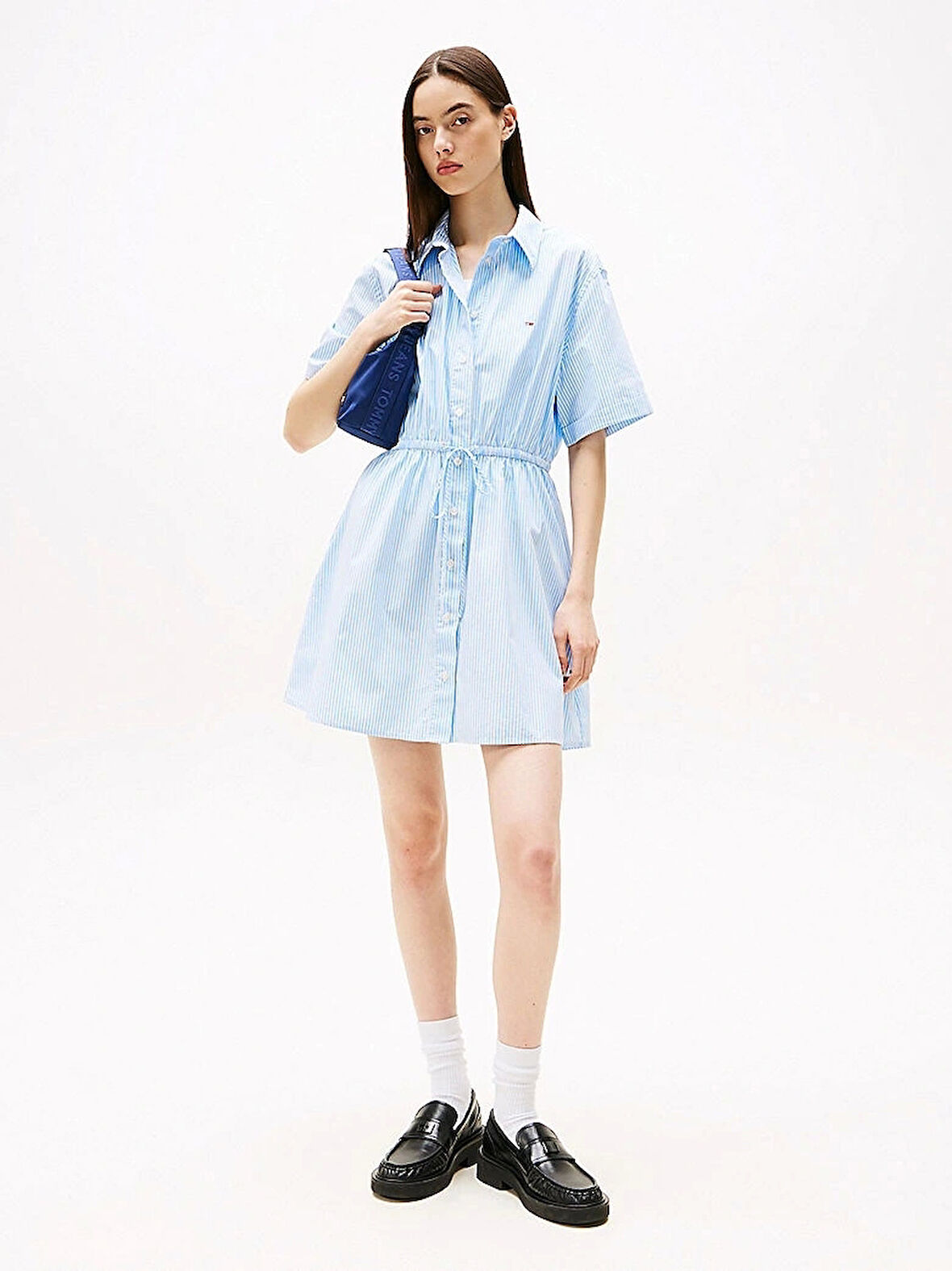 Tommy Hilfiger Kadın Çizgili Rahat Mini Gömlek Elbise