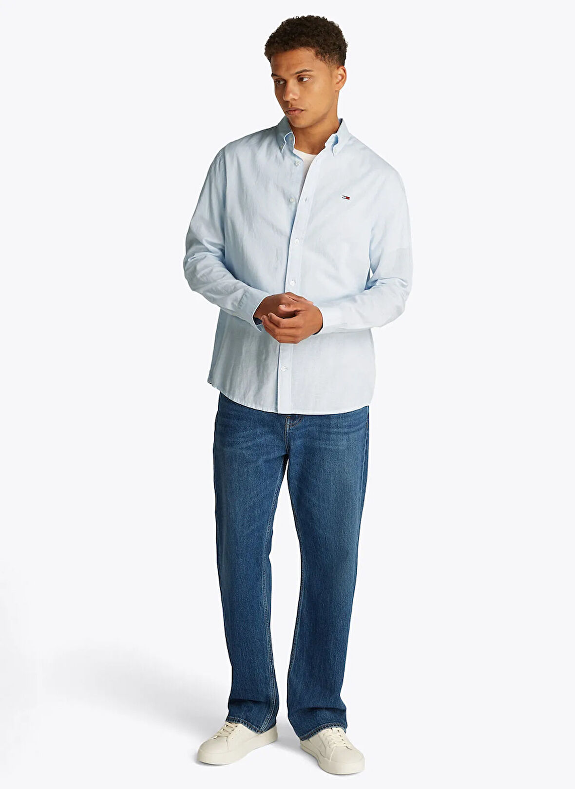 Tommy Jeans Regular Fit Mavi Düz Erkek Gömlek DM0DM20875C3Q TJM REG LINEN BLEND