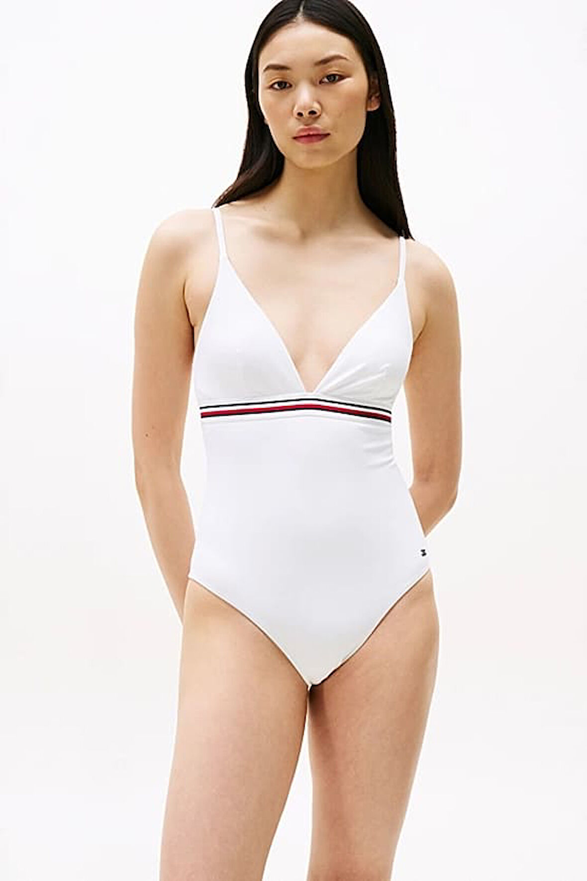 Kadın Th Global Stripe Derin Yaka Tek Parça Mayo - Beyaz | S