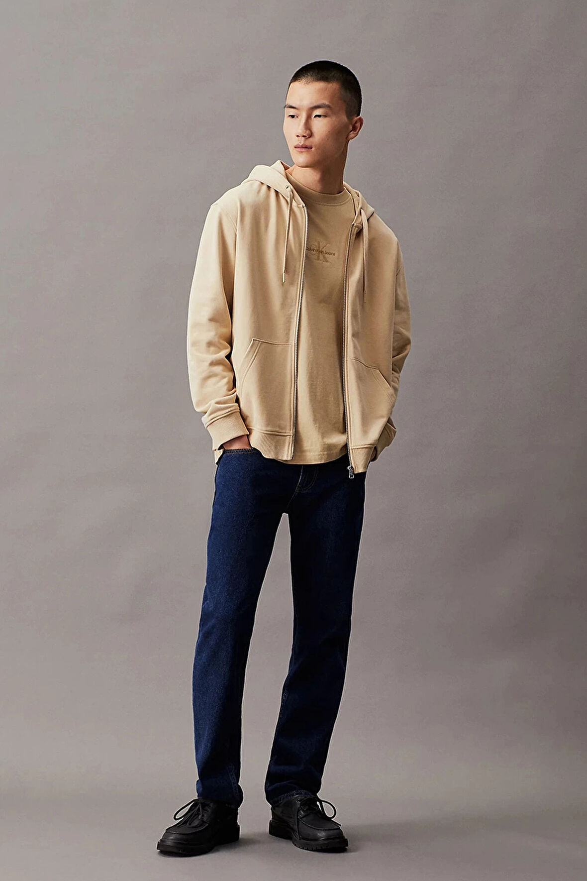 CK Jeans BADGE ZIP THROUGH HOODIE Erkek Haki Ceket J30J325627-RAE