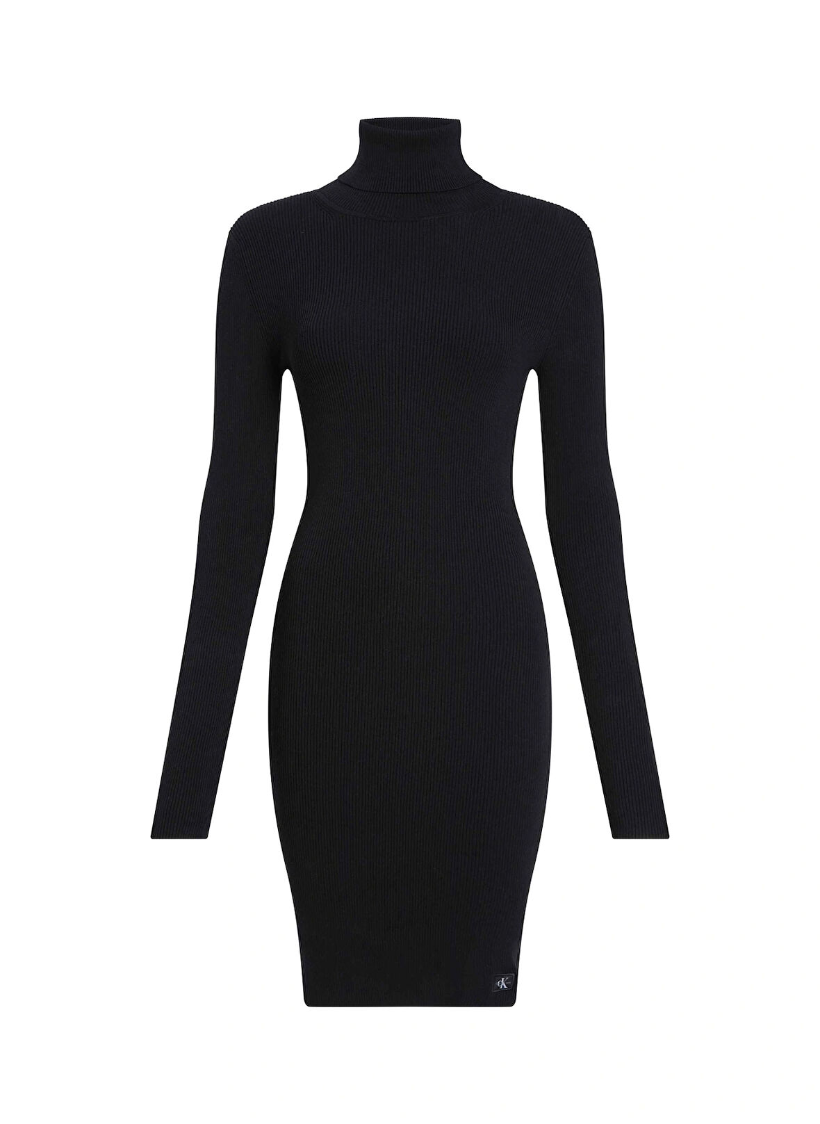 Calvin Klein Jeans Balıkçı Yaka Düz Siyah Kısa Kadın Elbise WOVEN LABEL TIGHT SWEATER DRESS