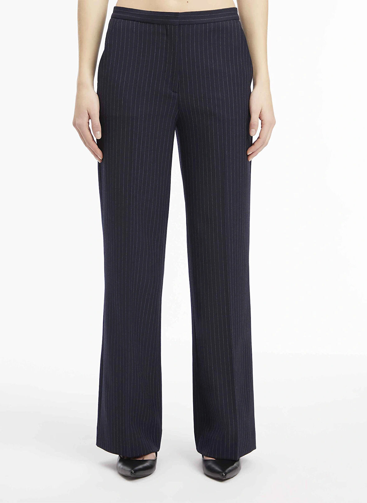 Calvin Klein Yüksek Bel Standart Lacivert Kadın Pantolon PINSTRIPE WIDE LEG PANT