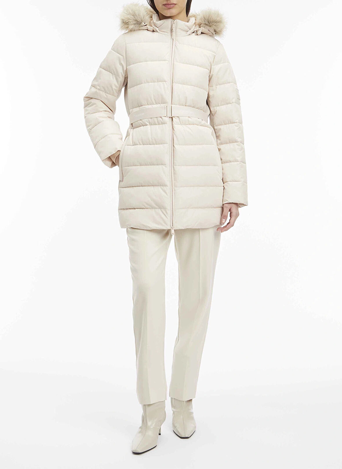 Calvin Klein Krem Kadın Mont MW PADDED SCUBA BELTED COAT