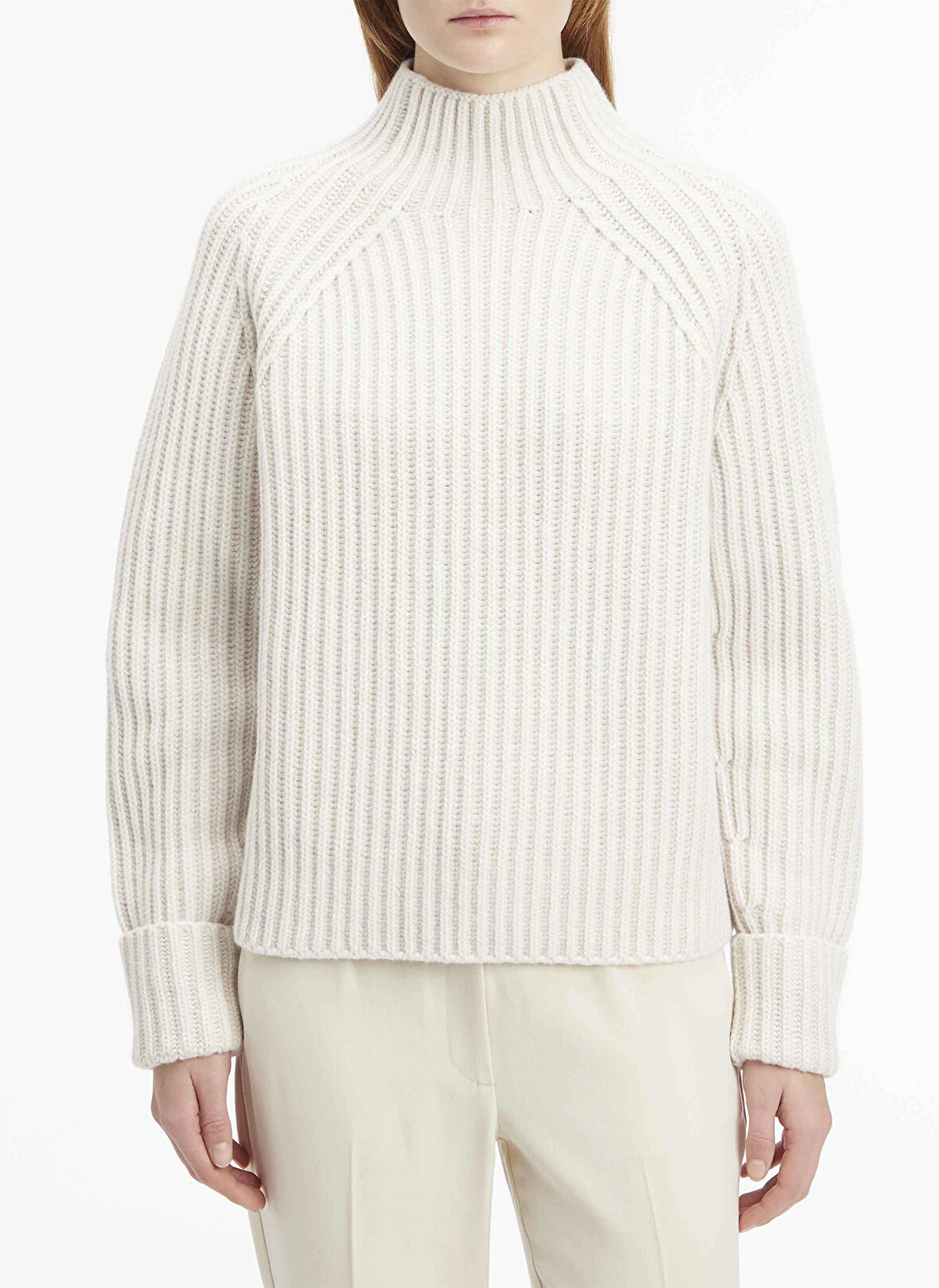 Calvin Klein Balıkçı Yaka Standart Düz Beyaz Kazak Kadın REC YÜN TWO TONE STRIPE SWEATER