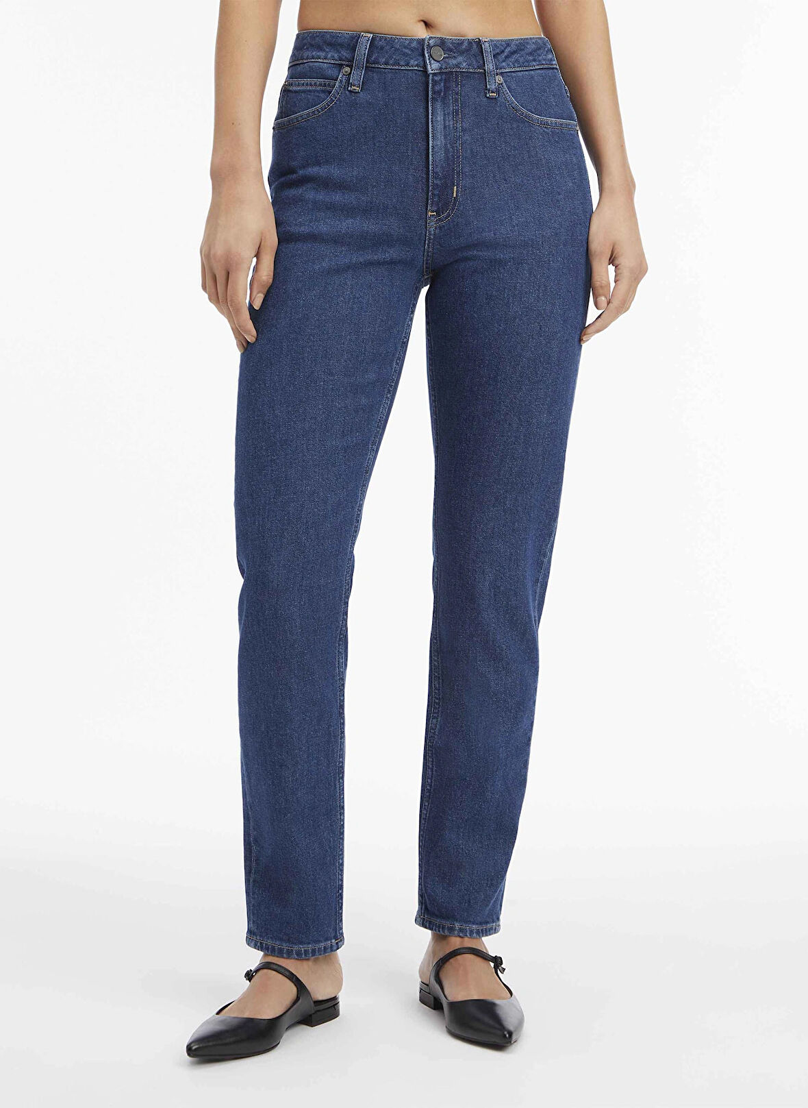 Calvin Klein Yüksek Bel Düz Paça Regular Straight Mavi Kadın Denim Pantolon MR SLIM - MID STONE BLUE