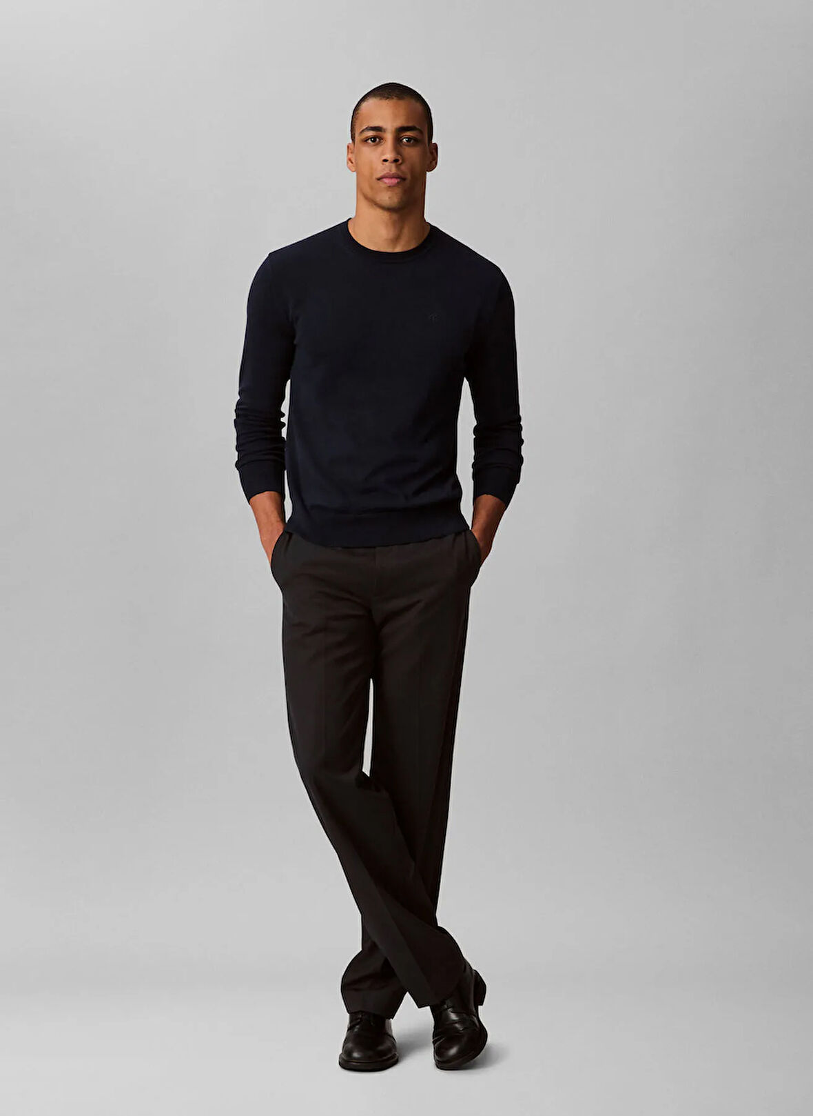 Calvin Klein Bisiklet Yaka Normal Mavi Erkek Kazak LV040BM343CEF_LS SUPIMA COTTON CREW