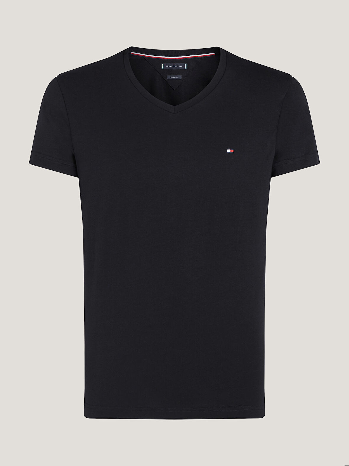 Erkek Göğüste Küçük Marka Bayrak Logolu Kaşmir ve Organik Pamuklu V Yakalı Kollarda Marka Bayrak Logolu Siyah T-Shirt MW0MW27540-BDS