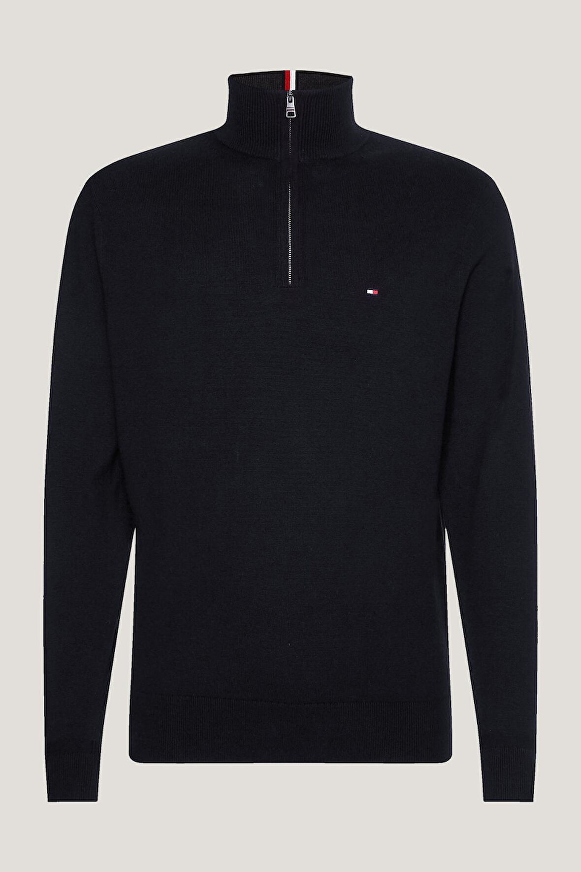 TOMMY HILFIGER Erkek Tommy Hilfiger Logolu Yarım Fermuarlı Bisiklet Yakalı Erkek Kazak Siyah Kazak MW0MW28049 BDS