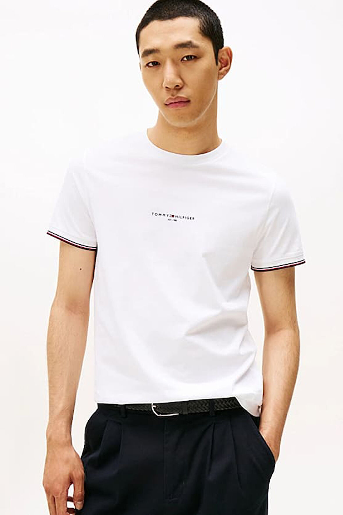 Erkek Kol Ucu Çizgili Baskı Logolu Pamuklu T-Shirt - Beyaz | XS