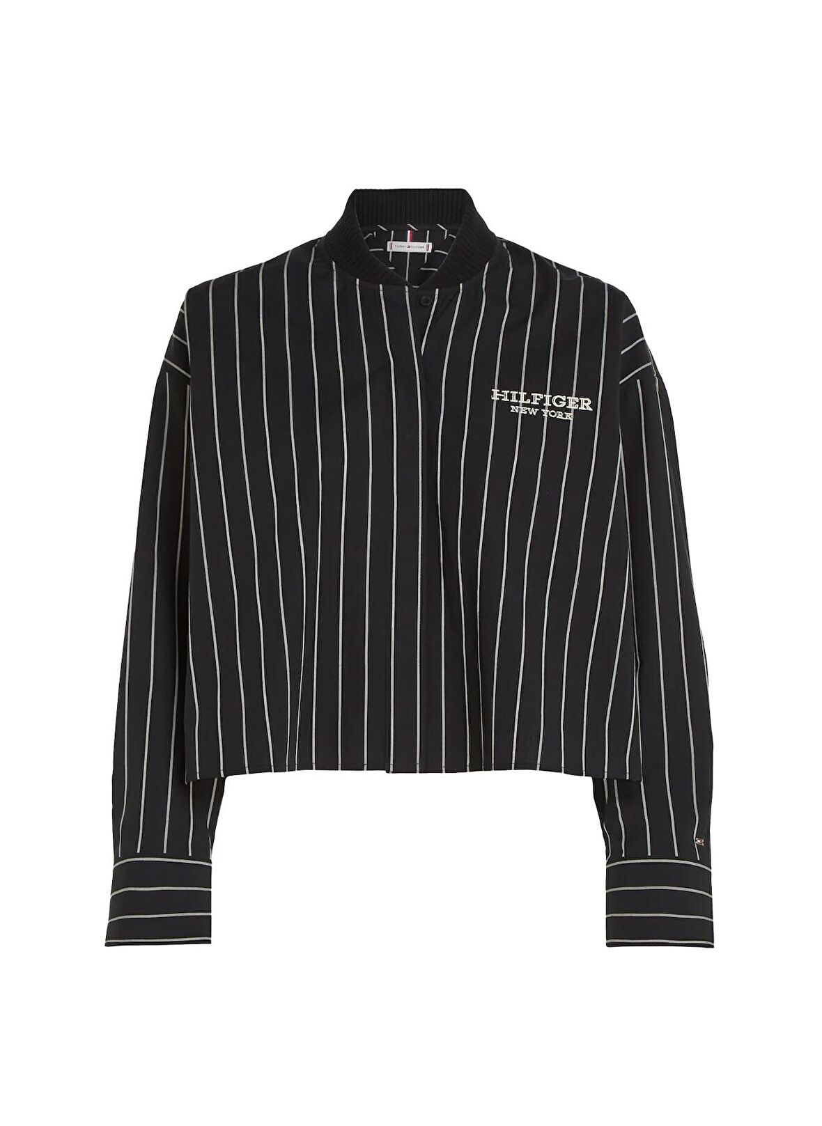 Tommy Hilfiger Normal Bomber Yaka Çizgili Siyah Kadın Gömlek BASEBALL STRIPE RIB NECK SHIRT