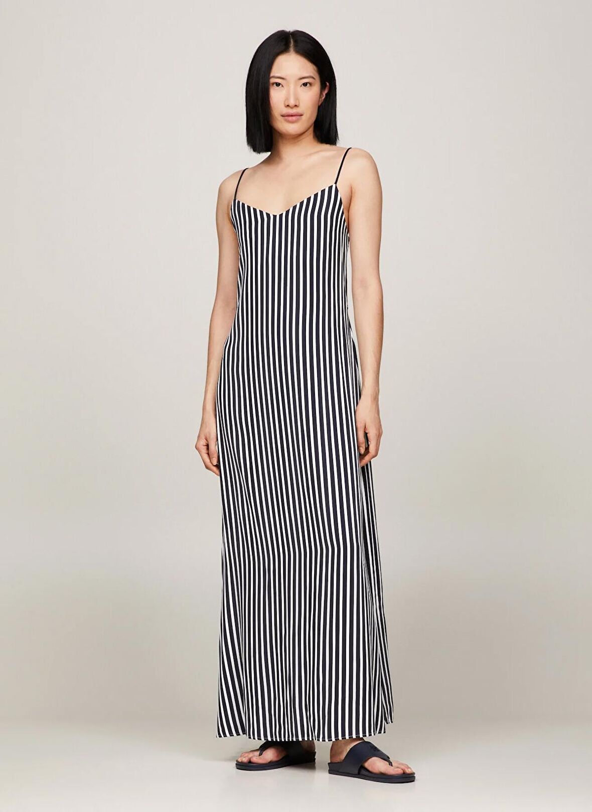 Tommy Hilfiger V Yaka Çizgili Lacivert Uzun Kadın Elbise FLUID STRIPE ANKLE SLIP DRESS