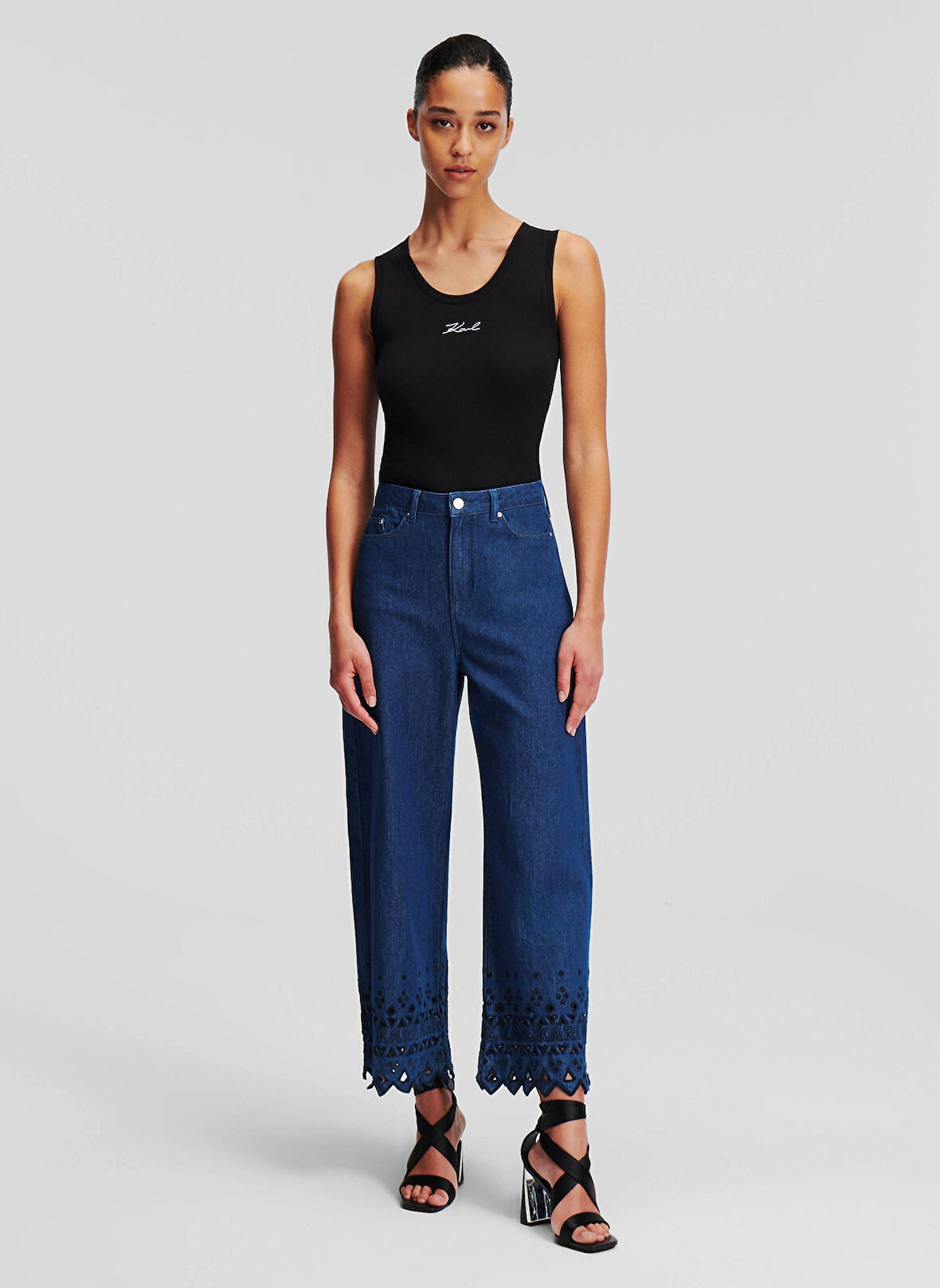 KARL LAGERFELD Yüksek Bel Düz Paça Normal Koyu Mavi Kadın Denim Pantolon 241W1102