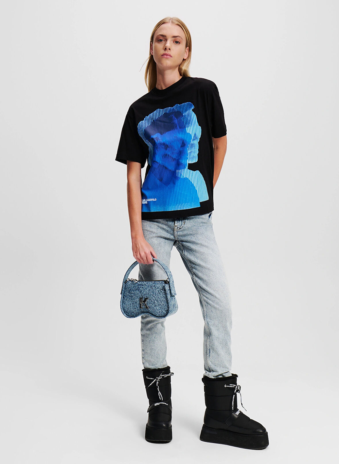 Karl Lagerfeld Jeans Yuvarlak Yaka Baskılı Siyah Kadın T-Shirt 246J1707