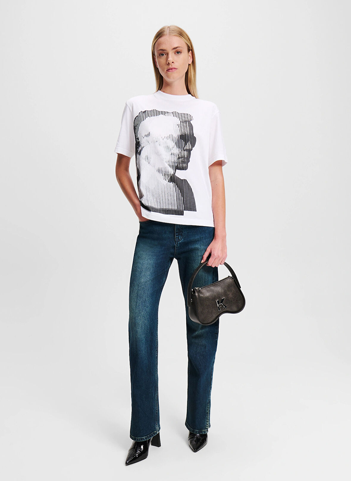 Karl Lagerfeld Jeans Yuvarlak Yaka Baskılı Beyaz Kadın T-Shirt 246J1707