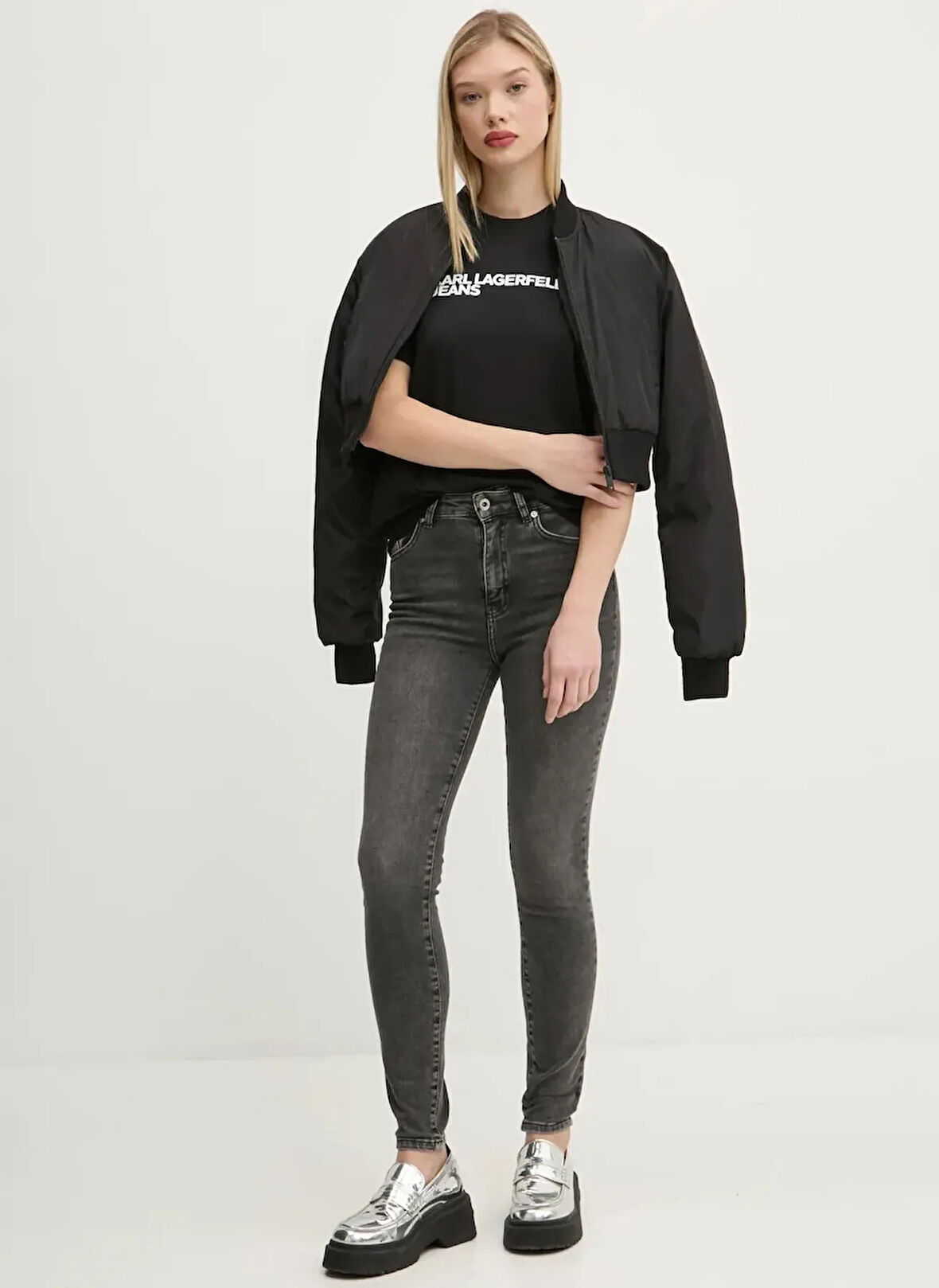 Karl Lagerfeld Jeans Bisiklet Yaka Düz Açık Siyah Kadın T-Shirt A1W17005