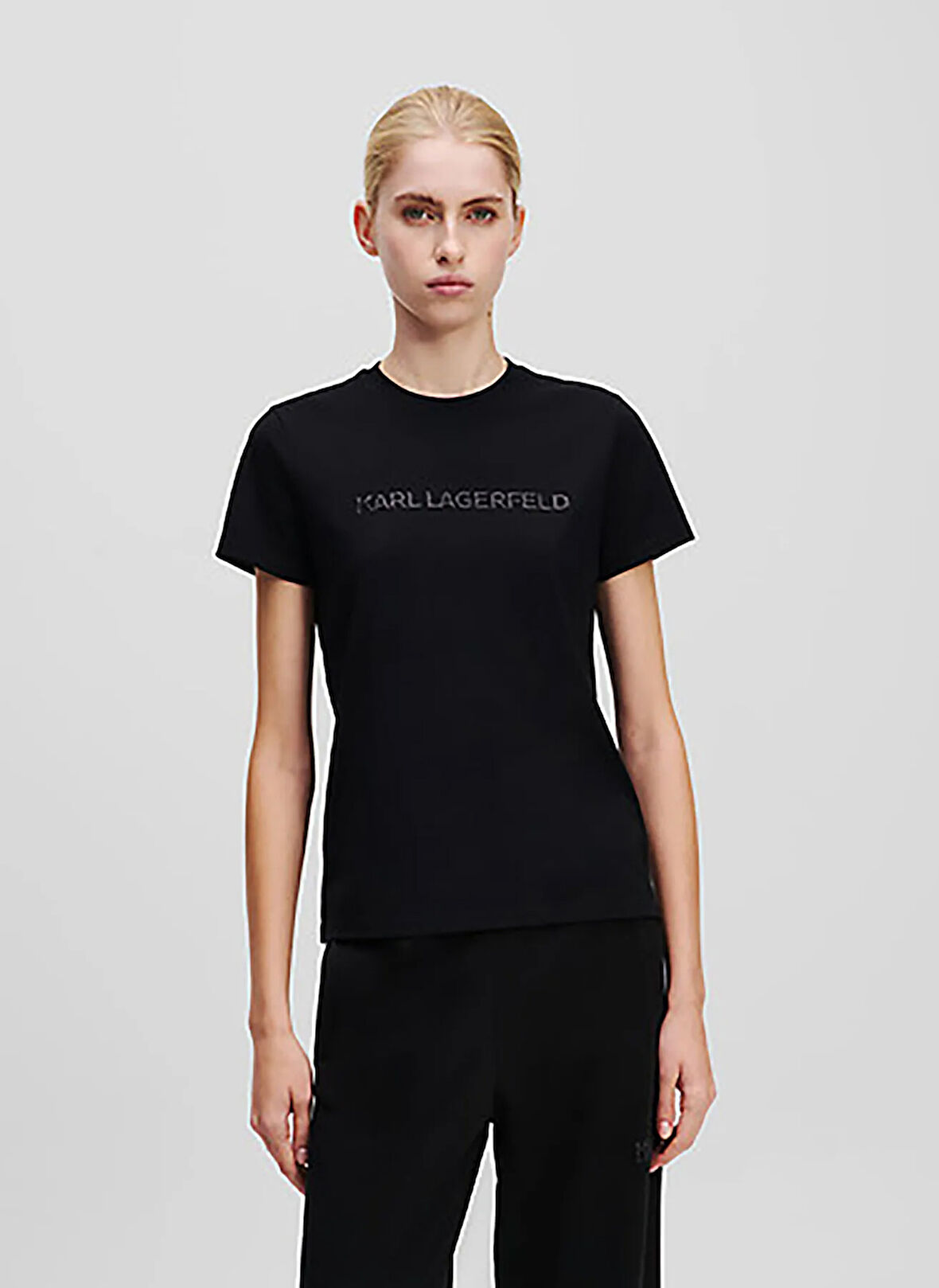 KARL LAGERFELD Bisiklet Yaka Baskılı Siyah Kadın T-Shirt A1W17076