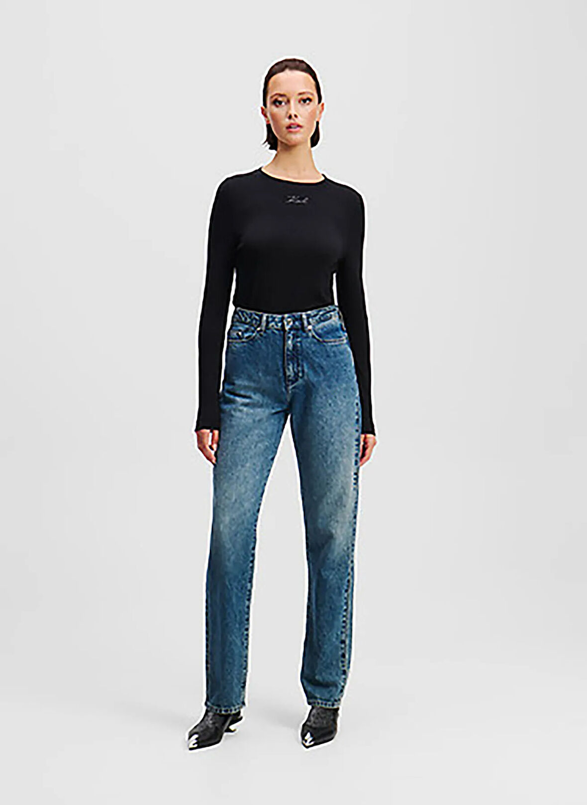KARL LAGERFELD Yüksek Bel Düz Paça Straight Koyu Mavi Kadın Denim Pantolon A1W10087