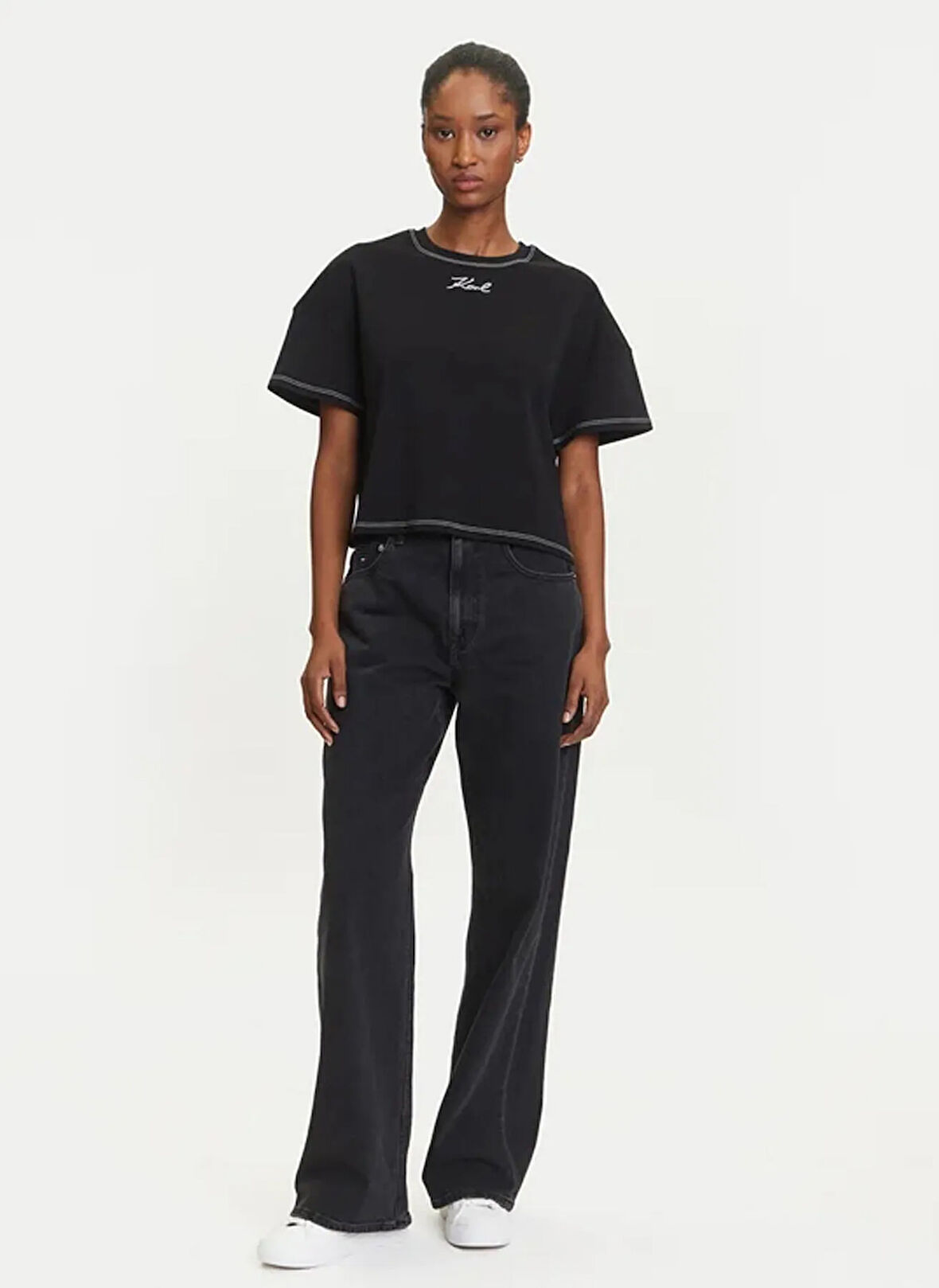 KARL LAGERFELD Yuvarlak Yaka Düz Siyah Kadın T-Shirt A3W17019
