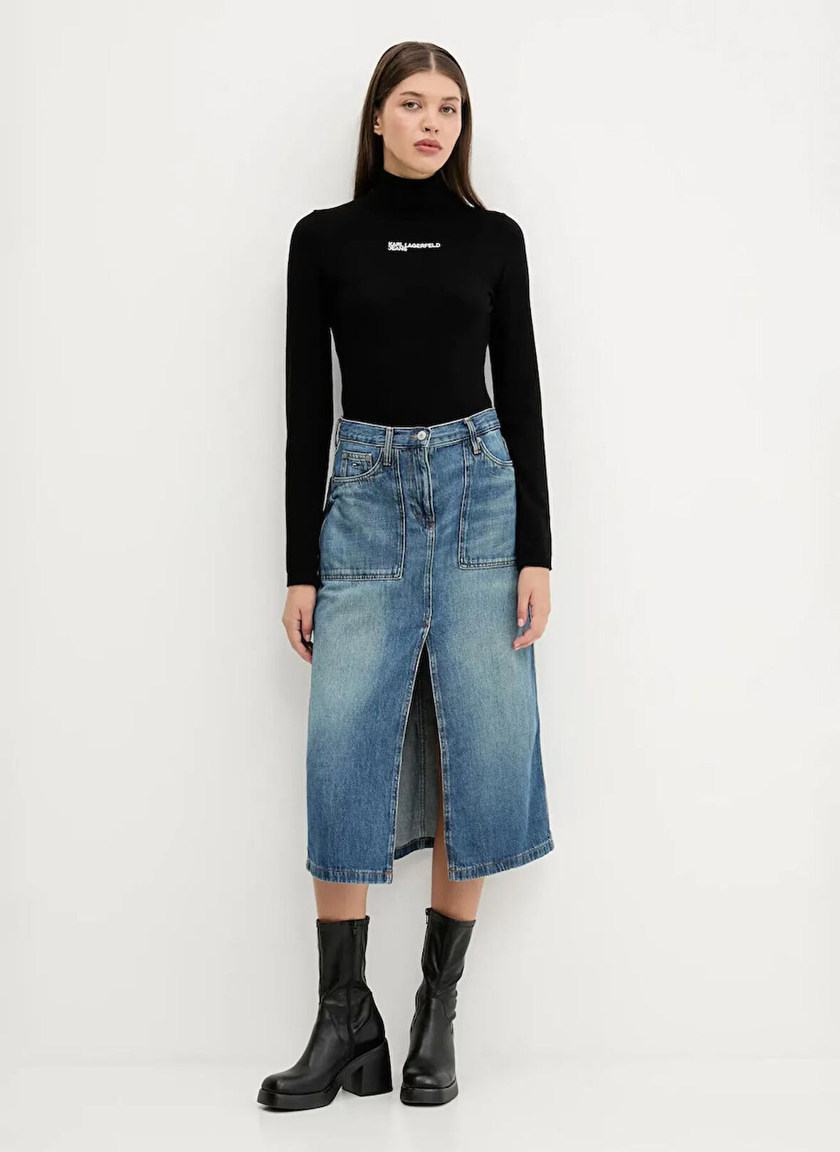 Karl Lagerfeld Jeans Dik Yaka Standart Baskılı Siyah Kazak Kadın A3W18007