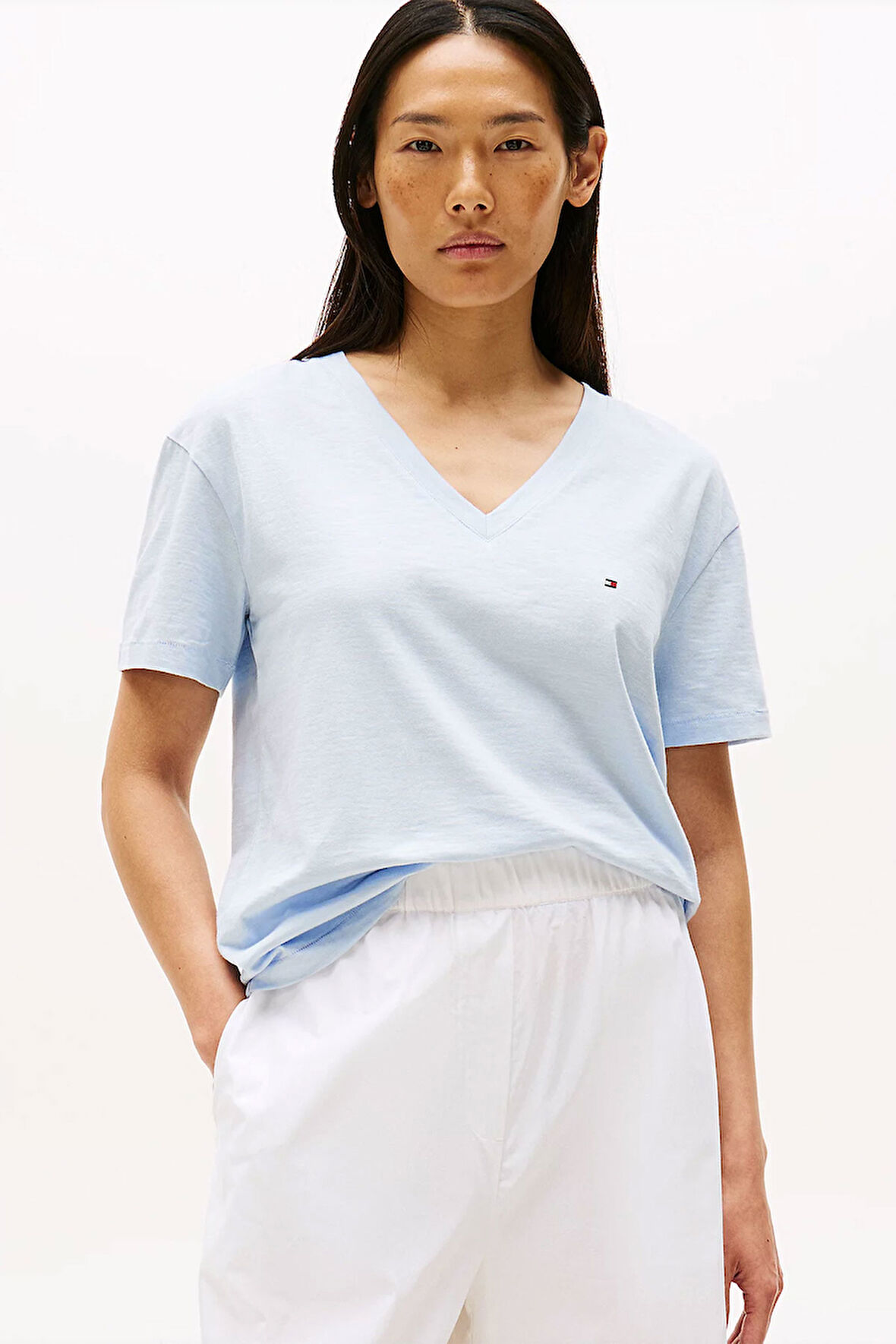 Kadın Slub Crop V-Yaka Kısa Kol T-Shirt - Açık Mavi | M