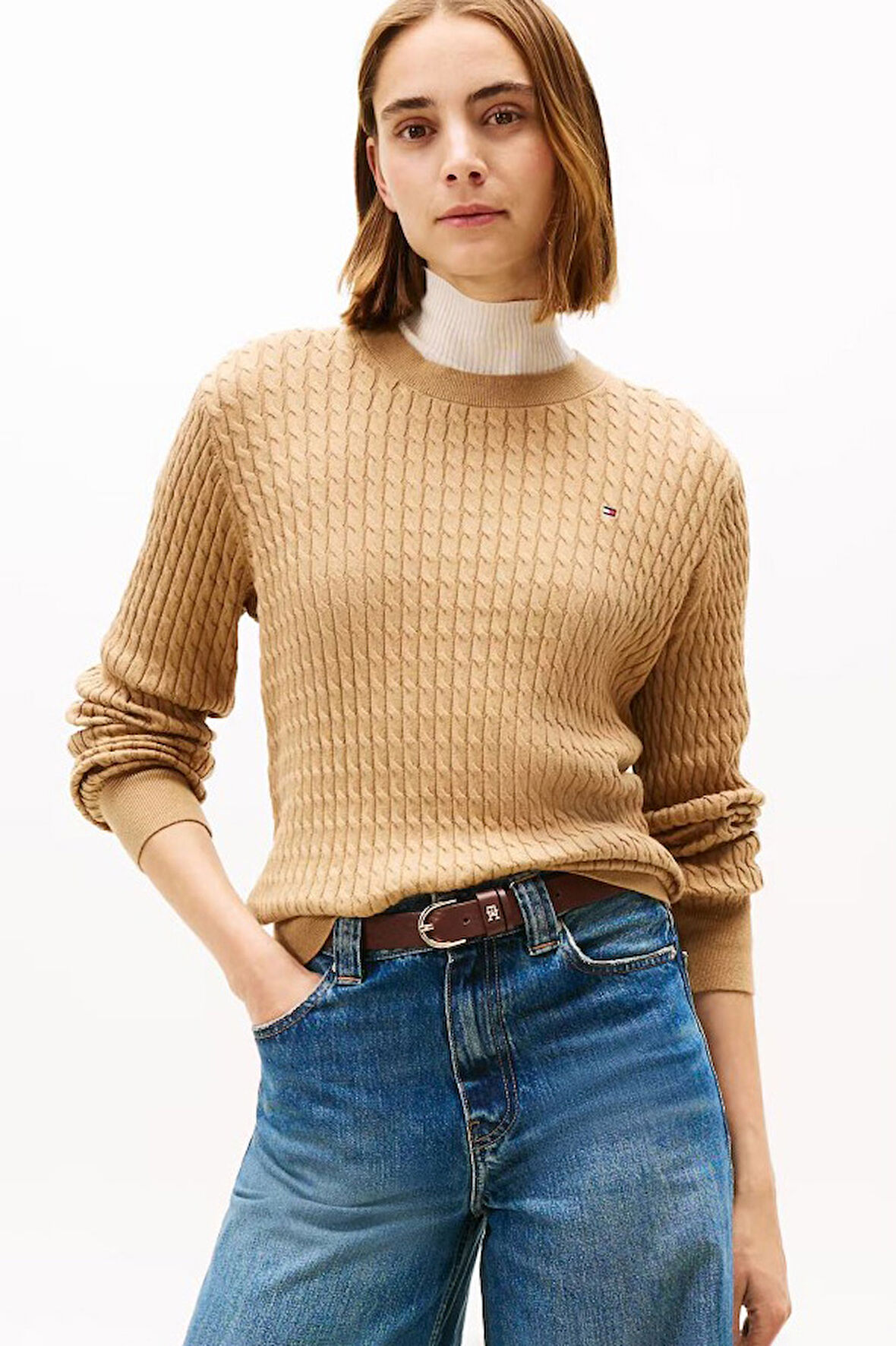 Kadın Bisiklet Yaka Saç Örgülü Pamuklu Triko Kazak - Camel | L