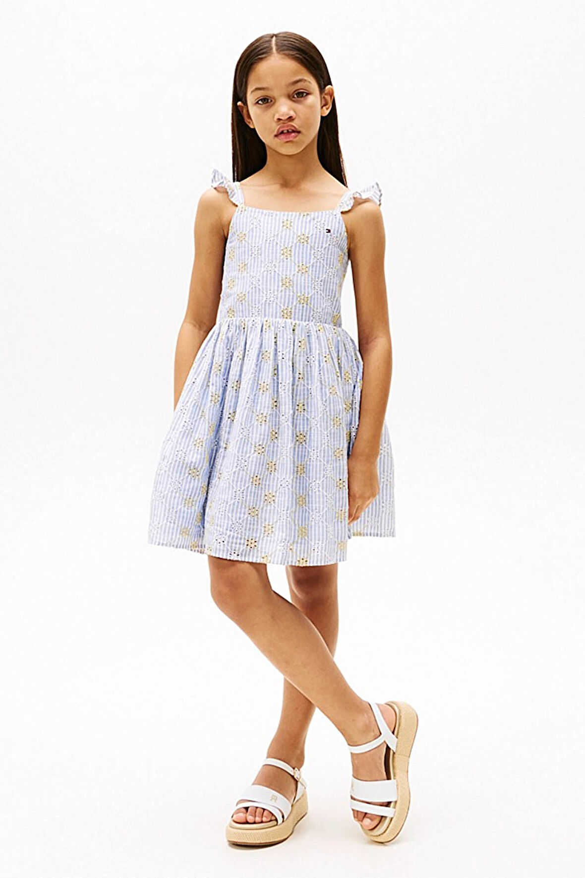 Kız Çocuk Şerit Broderie Anglaise Kolsuz Elbise - Mavi | 8 Yaş