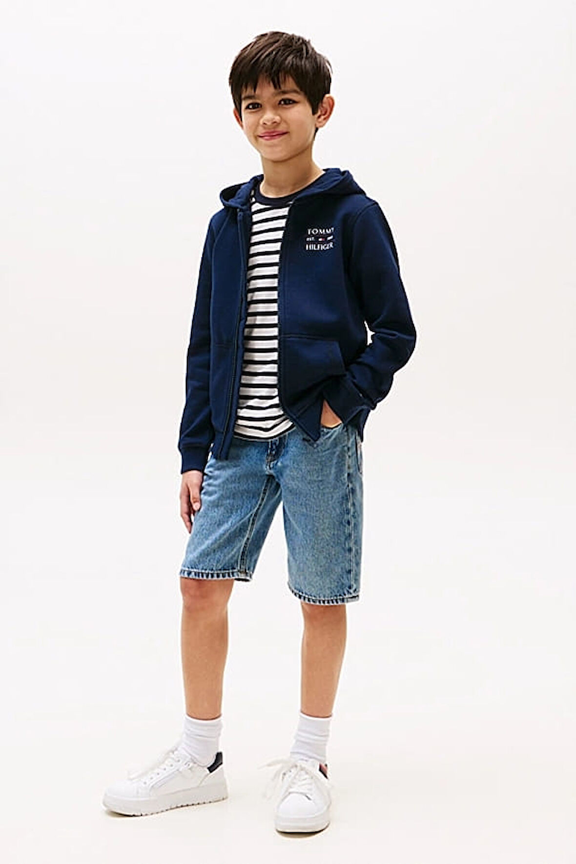 Erkek Çocuk Tommy Flag Fermuarlı Kapüşonlu Sweatshirt - Lacivert | 7 Yaş