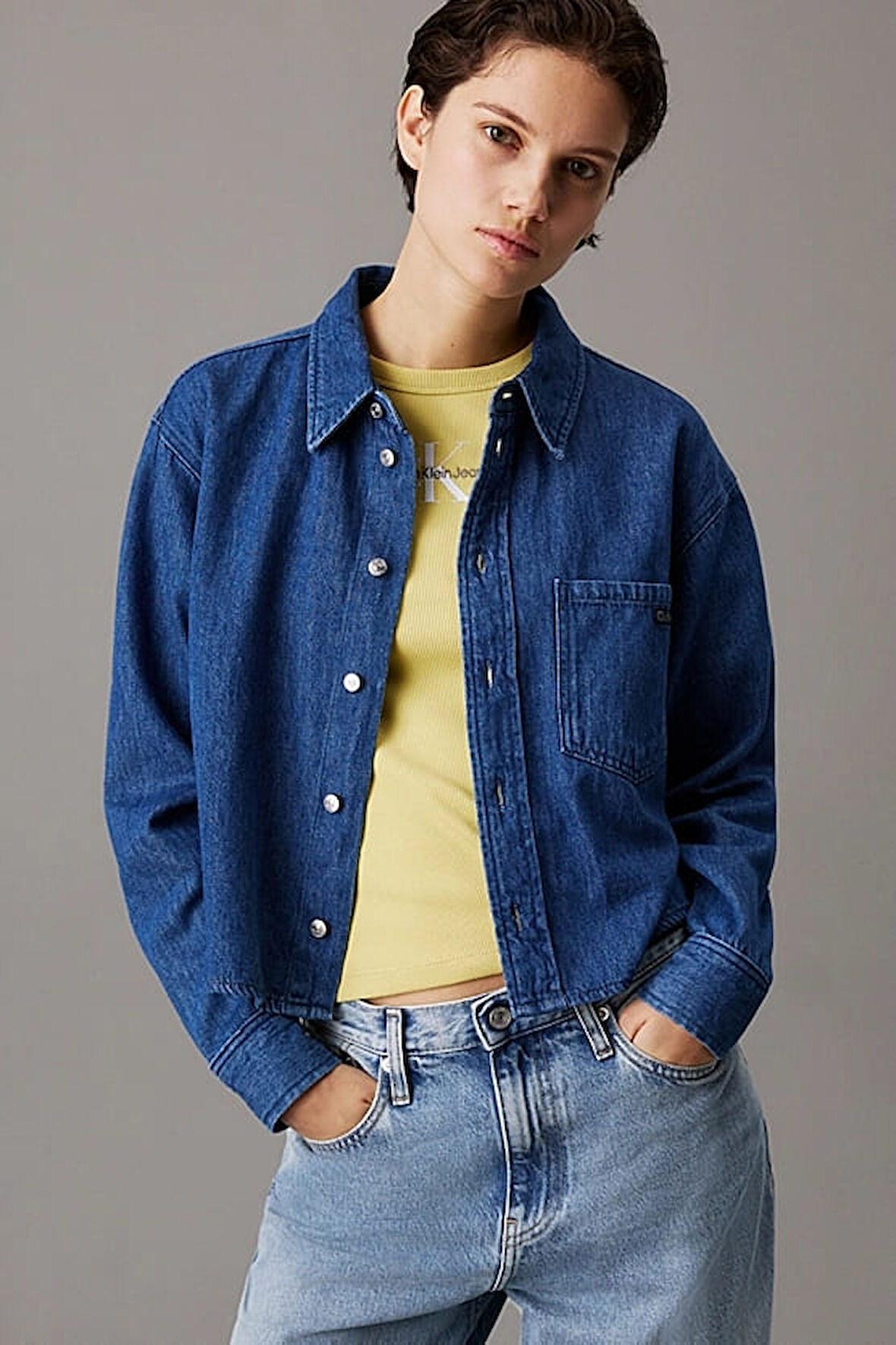 Kadın Ck Crop Dad Denim Gömlek - Mavi | L