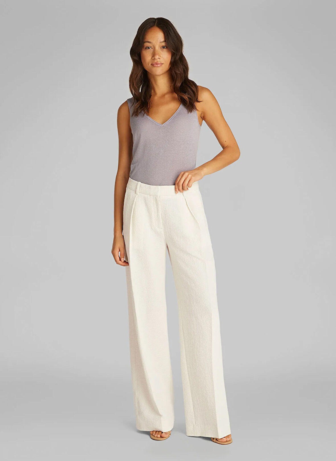 Calvin Klein Yüksek Bel Bol Kesim Ekru Kadın Pantolon K20K208217ADA