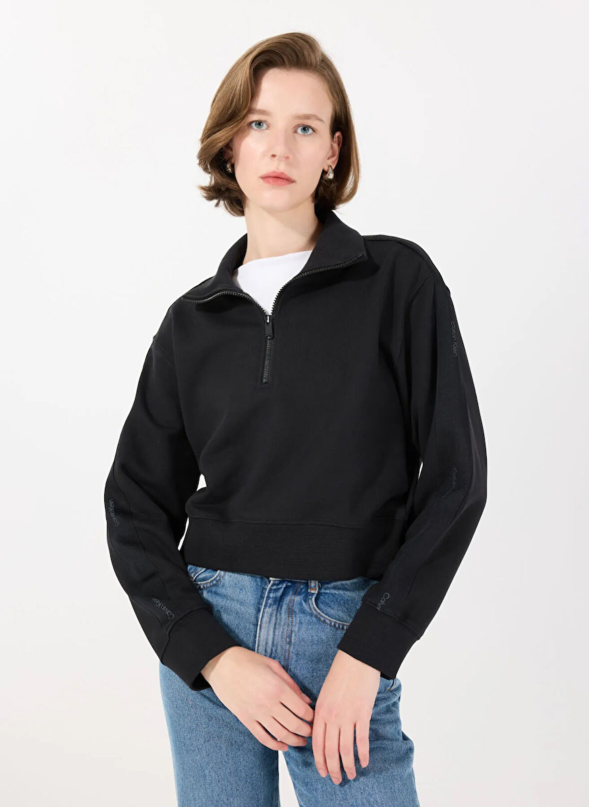 Calvin Klein LVGWS5W312UB1-PW - Siyah Fermuarlı Yaka Normal Düz Kadın Sweatshırt