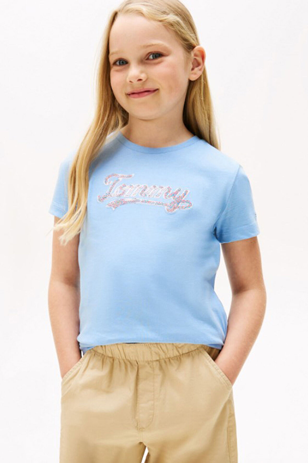 Kız Çocuk Payetli Yazı İşlemeli T-Shirt - Açık Mavi | 10 Yaş