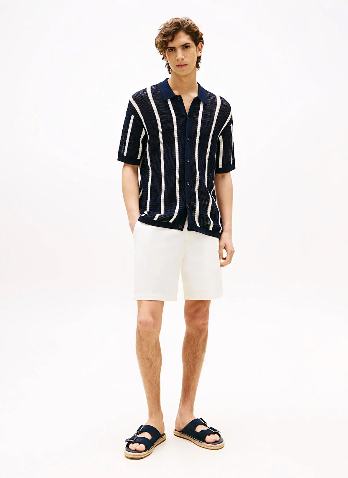 Tommy Hilfiger Bisiklet Yaka Normal Beyaz Erkek Kazak MW0MW412250FA_VERTICAL STRIPE OPEN