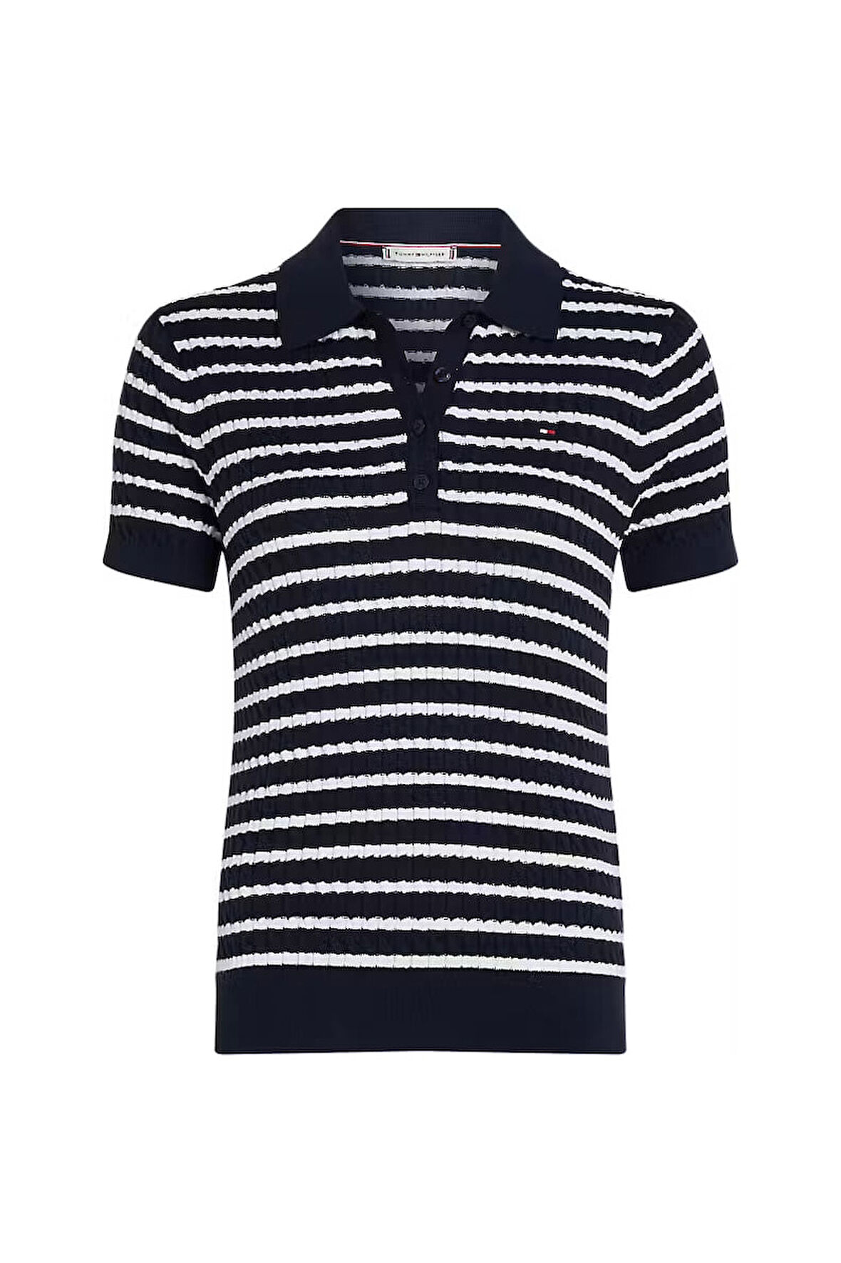 Kadın Tam Kalıp Polo Yaka Çizgili Saç Örgüsü Triko - Lacivert/Beyaz | XL