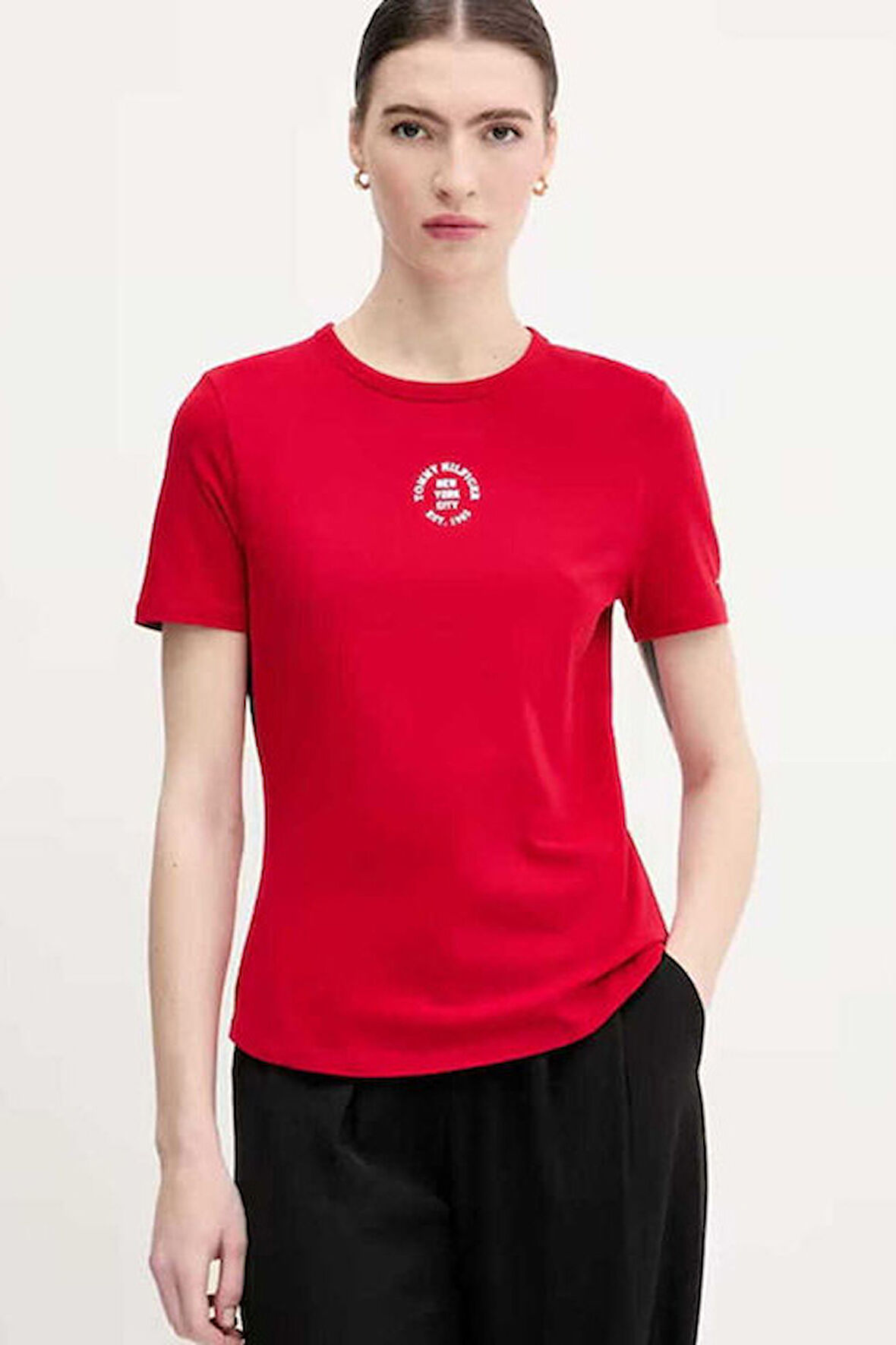 Kadın Grafik Baskılı Bisiklet Yaka T-Shirt - Kırmızı | L