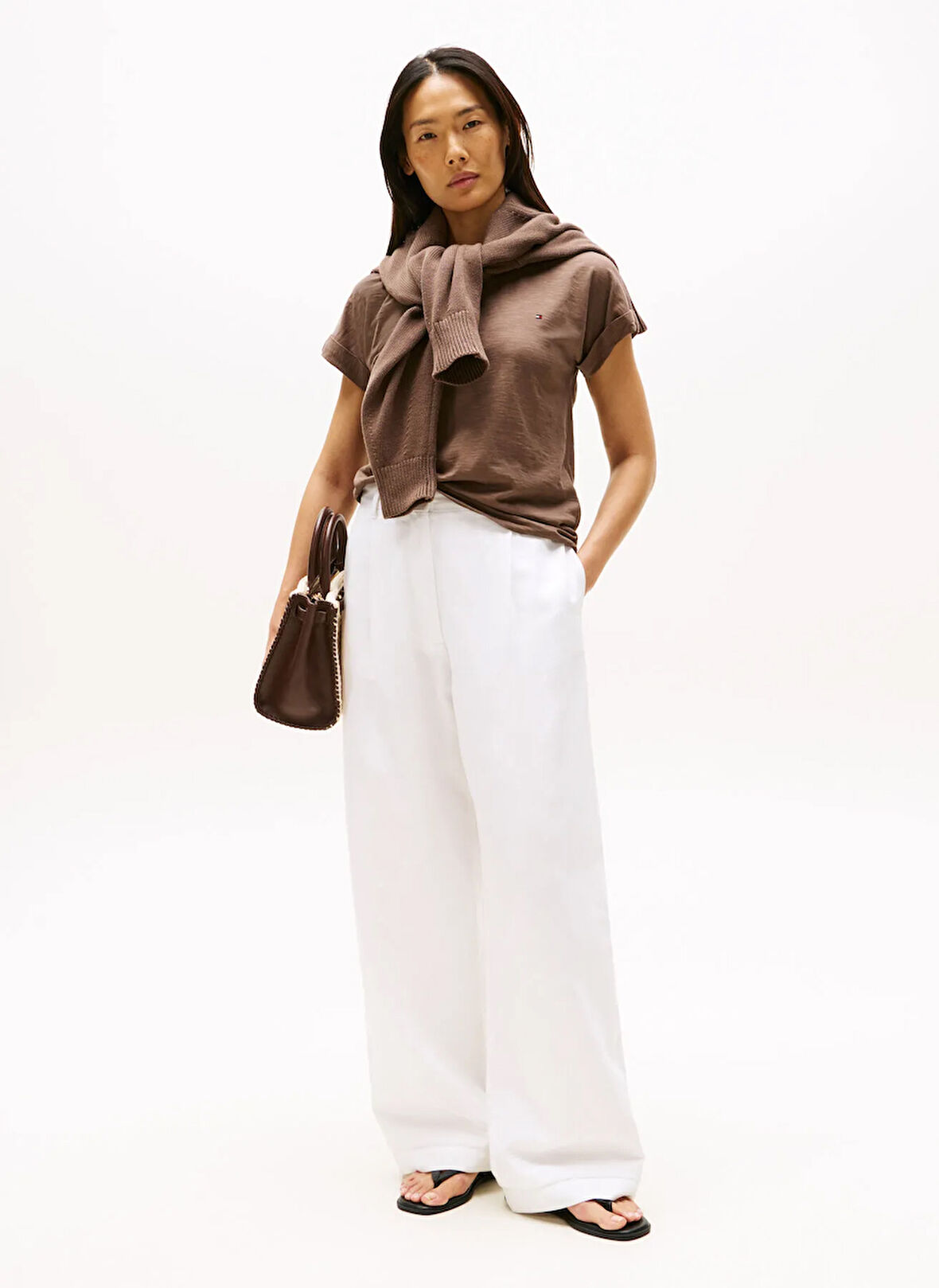 Tommy Hilfiger Yuvarlak Yaka Düz Kahve Kadın T-Shirt WW0WW45747GTO