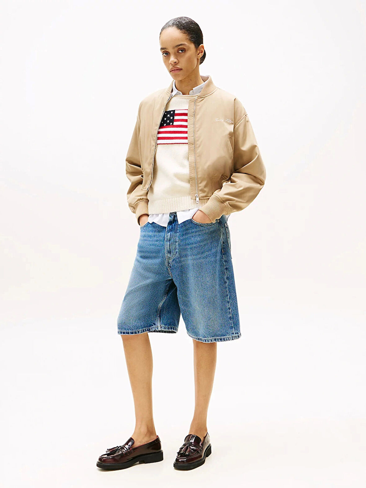 Tommy Hilfiger Kadın Naylon Normal Kesim Kısa Bej Bomber  Ceket WW0WW45634AEH