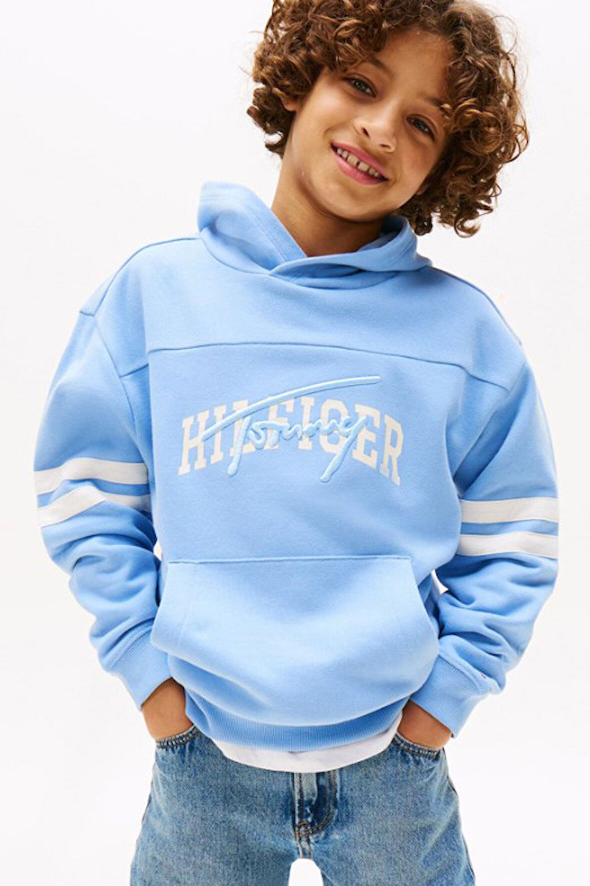 Erkek Çocuk Kolları Şeritli Grafik Baskılı Kapüşonlu Sweatshirt - Mavi | 7 Yaş