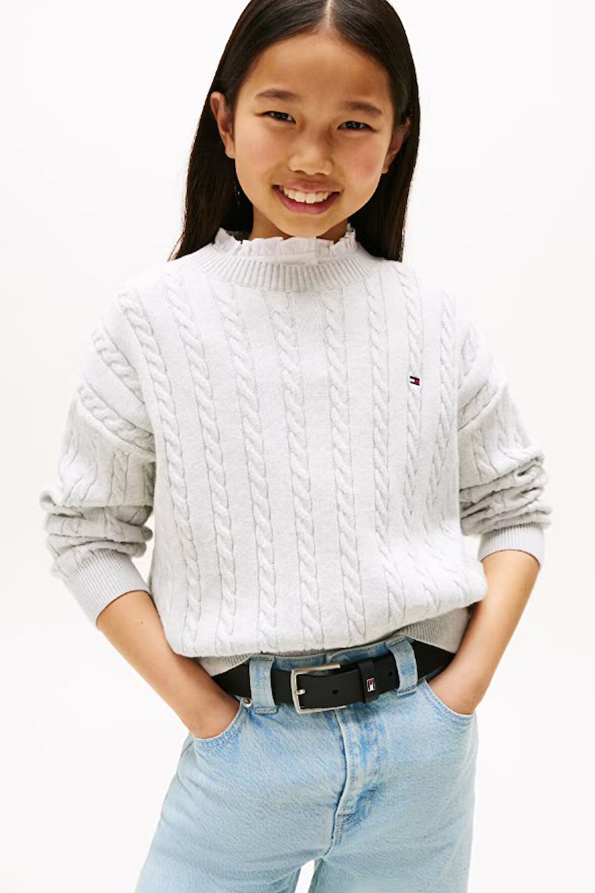 Kız Çocuk Regular Fit Fırfır Yakalı Saç Örgüsü Desenli Triko Kazak - Gri | 10 Yaş