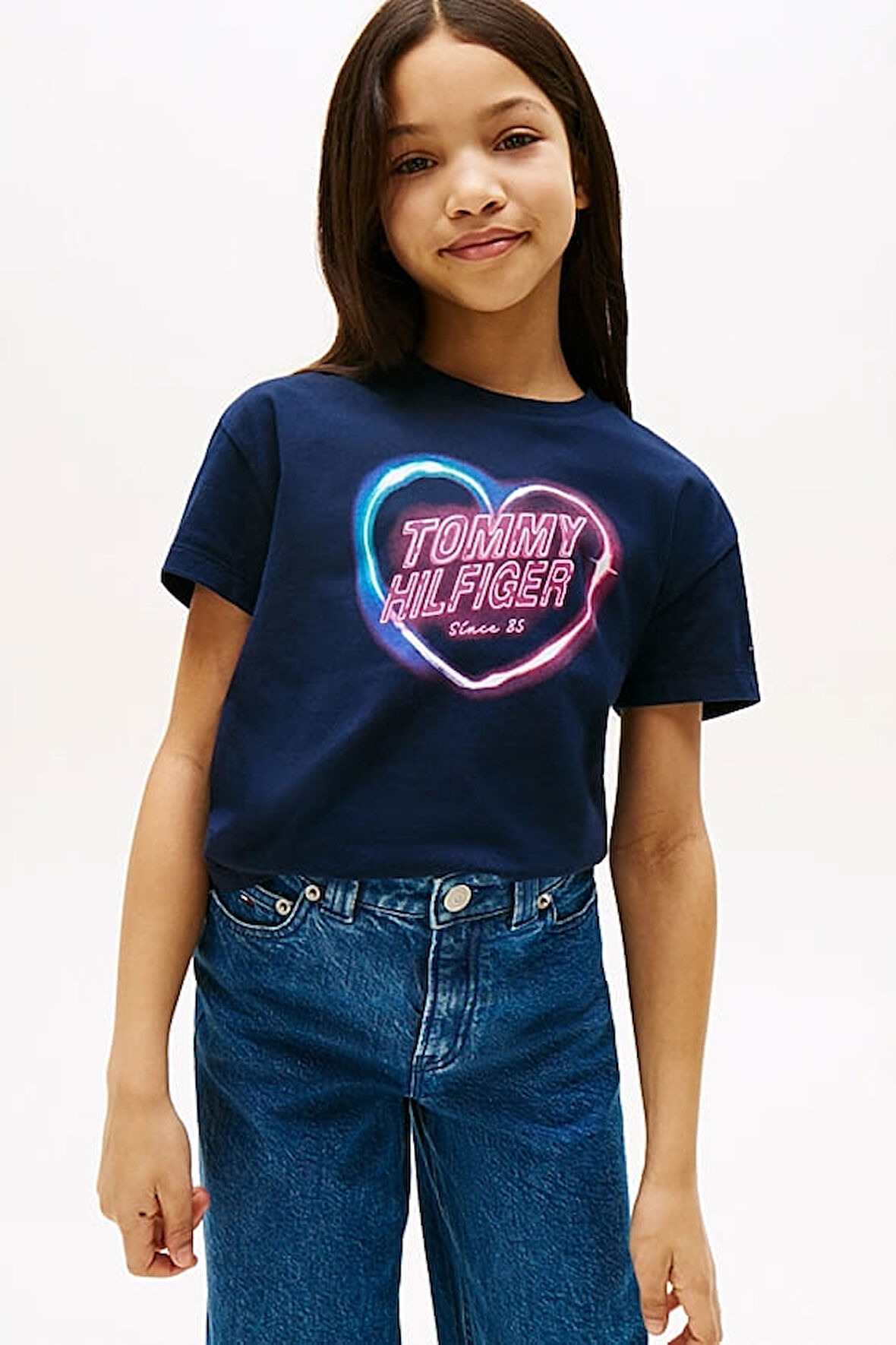Kız Çocuk Kalp Baskılı Relax Fit T-Shirt – Lacivert | 7 Yaş