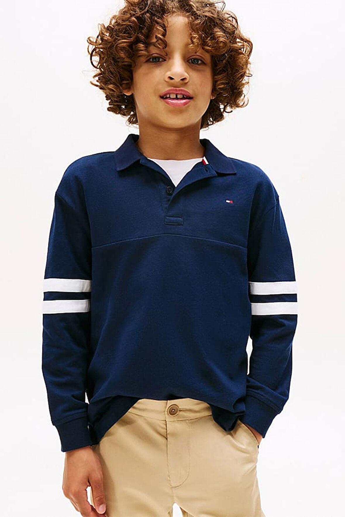 Erkek Çocuk Kolları Çift Şeritli Uzun Kollu Polo Yaka T-Shirt - Lacivert | 8 Yaş